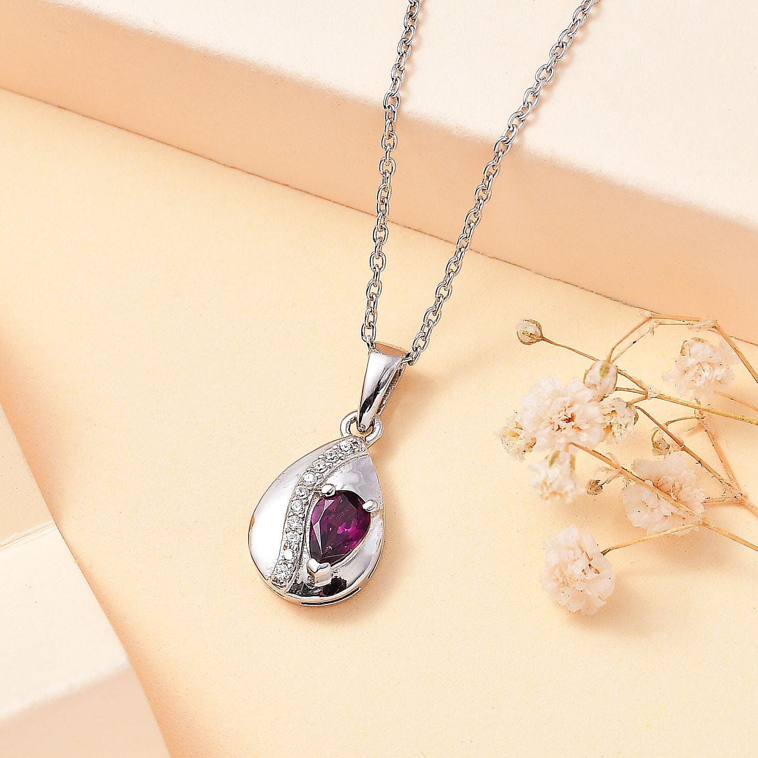 Tony Diniz Collection - Natural Ember Garnet & Natural White Zircon Pendant with Chain (Size 20) in Rhodium Overlay Sterling Silver