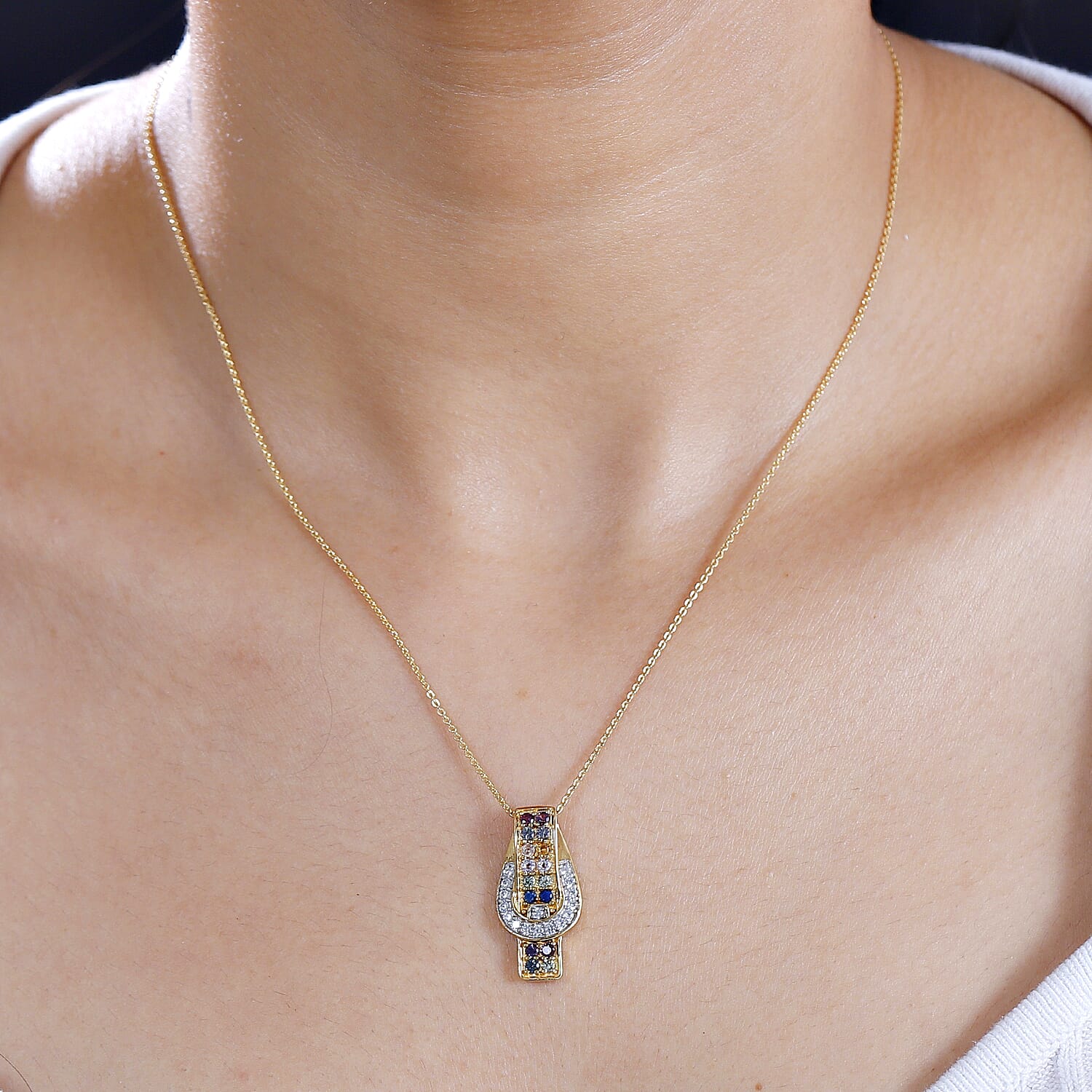 Multi Sapphire & Natural Zircon Pendant with Silver Chain (Size 20) in 18K Vermeil Yellow Gold Plated Sterling Silver 1.04 Ct