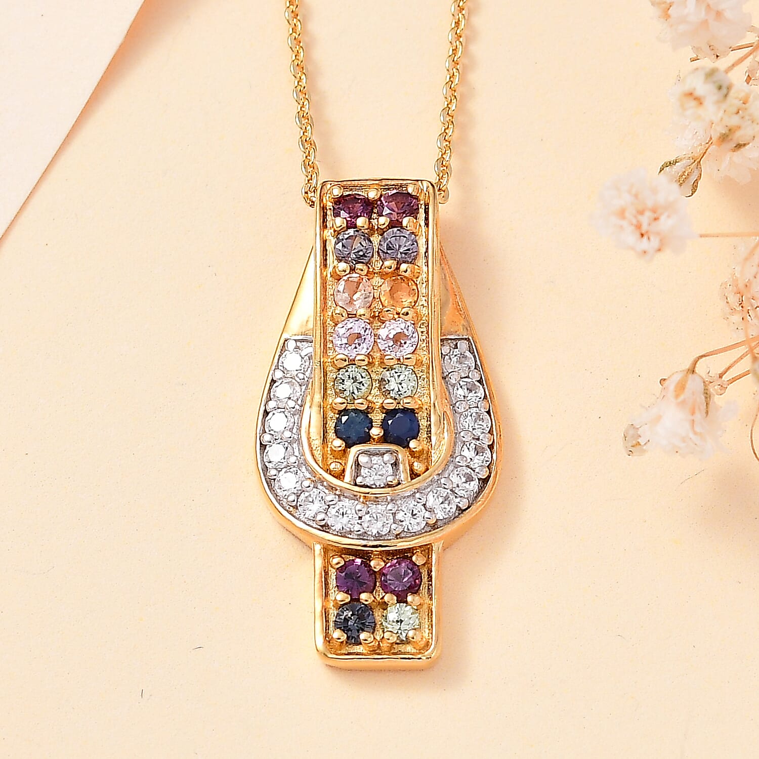 Multi Sapphire & Natural Zircon Pendant with Silver Chain (Size 20) in 18K Vermeil Yellow Gold Plated Sterling Silver 1.04 Ct