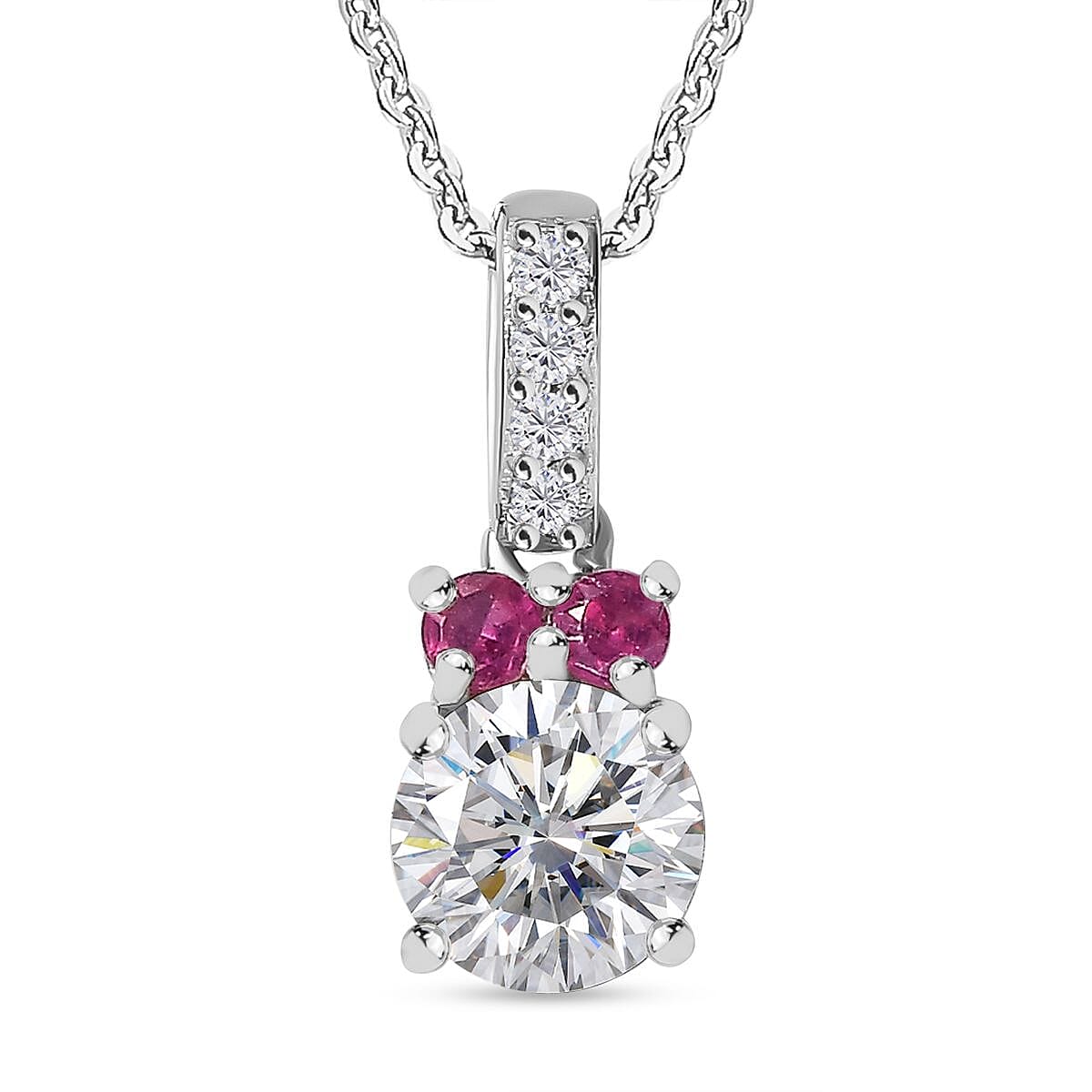 Moissanite,  African Ruby Pendant with Chain (Size 20) in rhodium Sterling Silver 0.38 ct  1.330  Ct.