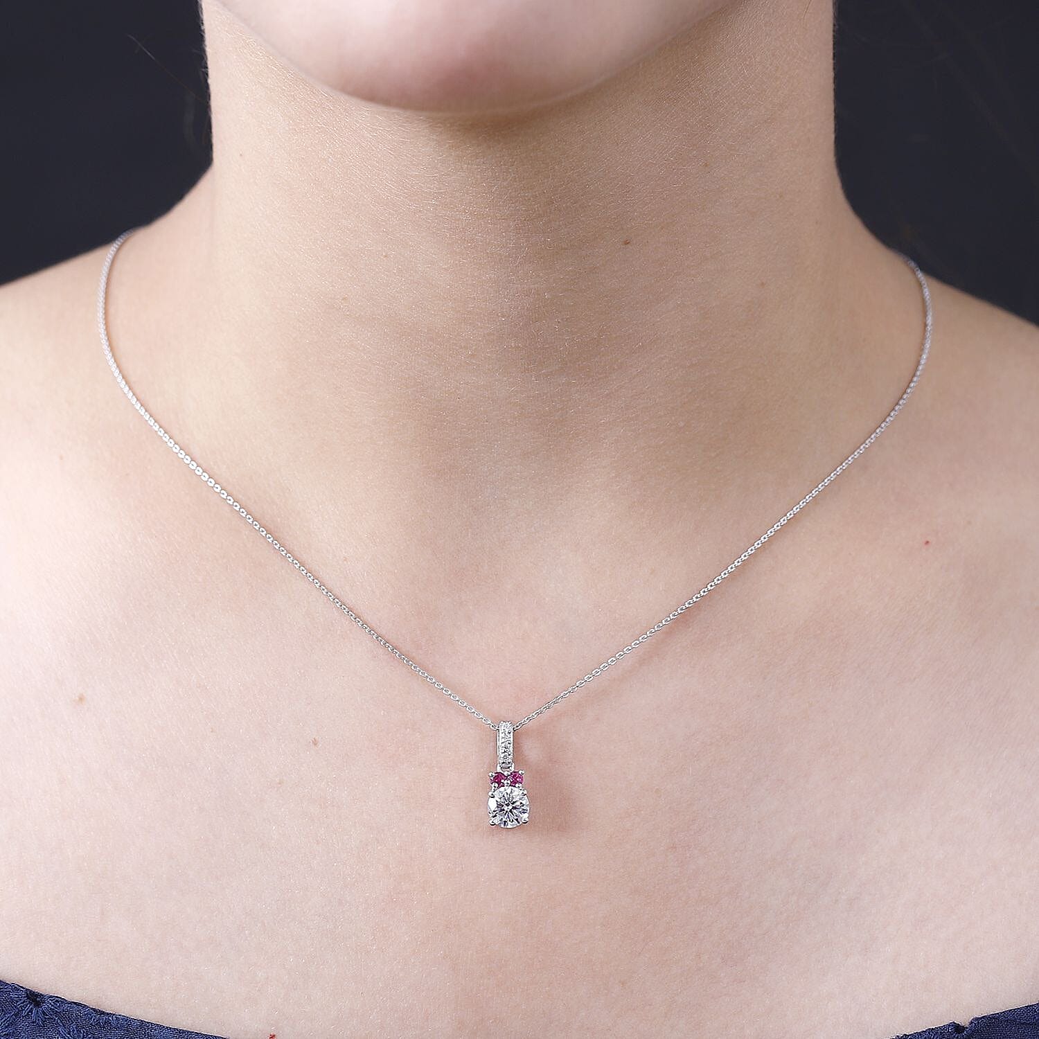 Moissanite,  African Ruby Pendant with Chain (Size 20) in rhodium Sterling Silver 0.38 ct  1.330  Ct.