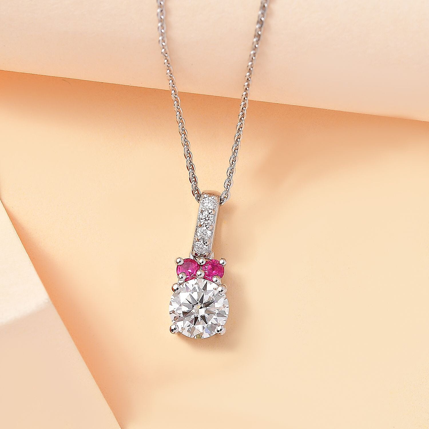 Moissanite,  African Ruby Pendant with Chain (Size 20) in rhodium Sterling Silver 0.38 ct  1.330  Ct.