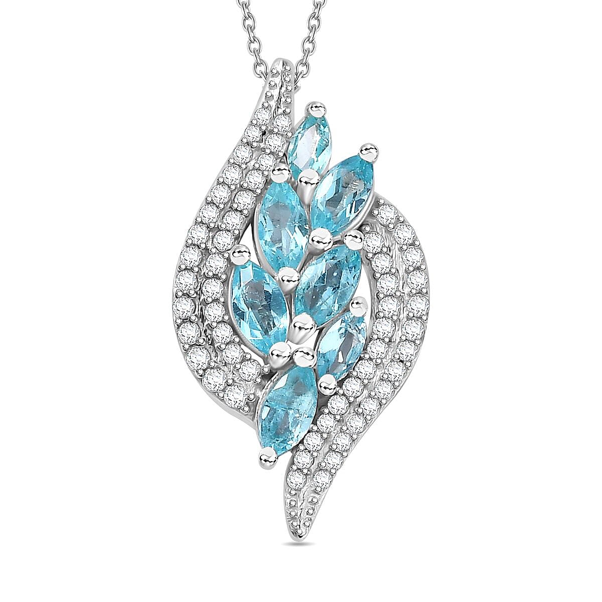 Blue Lagoon Apatite,  White Zircon Pendant with Chain (Size 20) in rhodium Sterling Silver,  Silver Wt. 5.2 Gms  1.470  Ct.