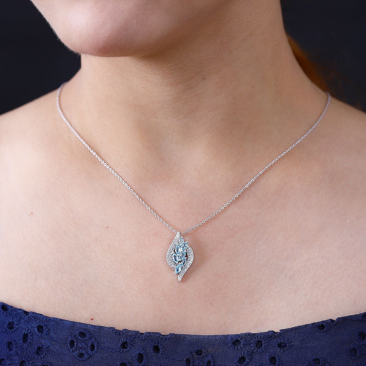 Blue Lagoon Apatite,  White Zircon Pendant with Chain (Size 20) in rhodium Sterling Silver,  Silver Wt. 5.2 Gms  1.470  Ct.