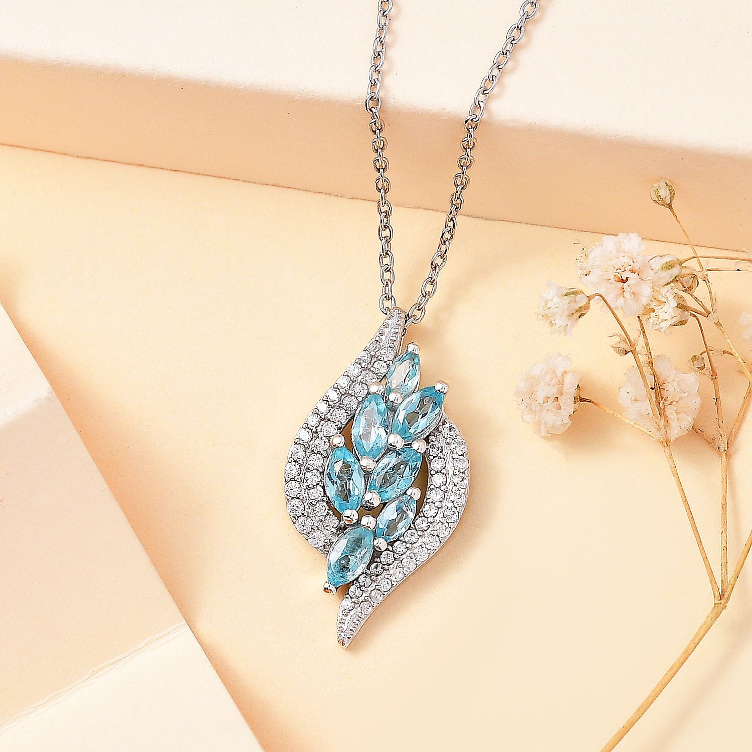 Blue Lagoon Apatite,  White Zircon Pendant with Chain (Size 20) in rhodium Sterling Silver,  Silver Wt. 5.2 Gms  1.470  Ct.