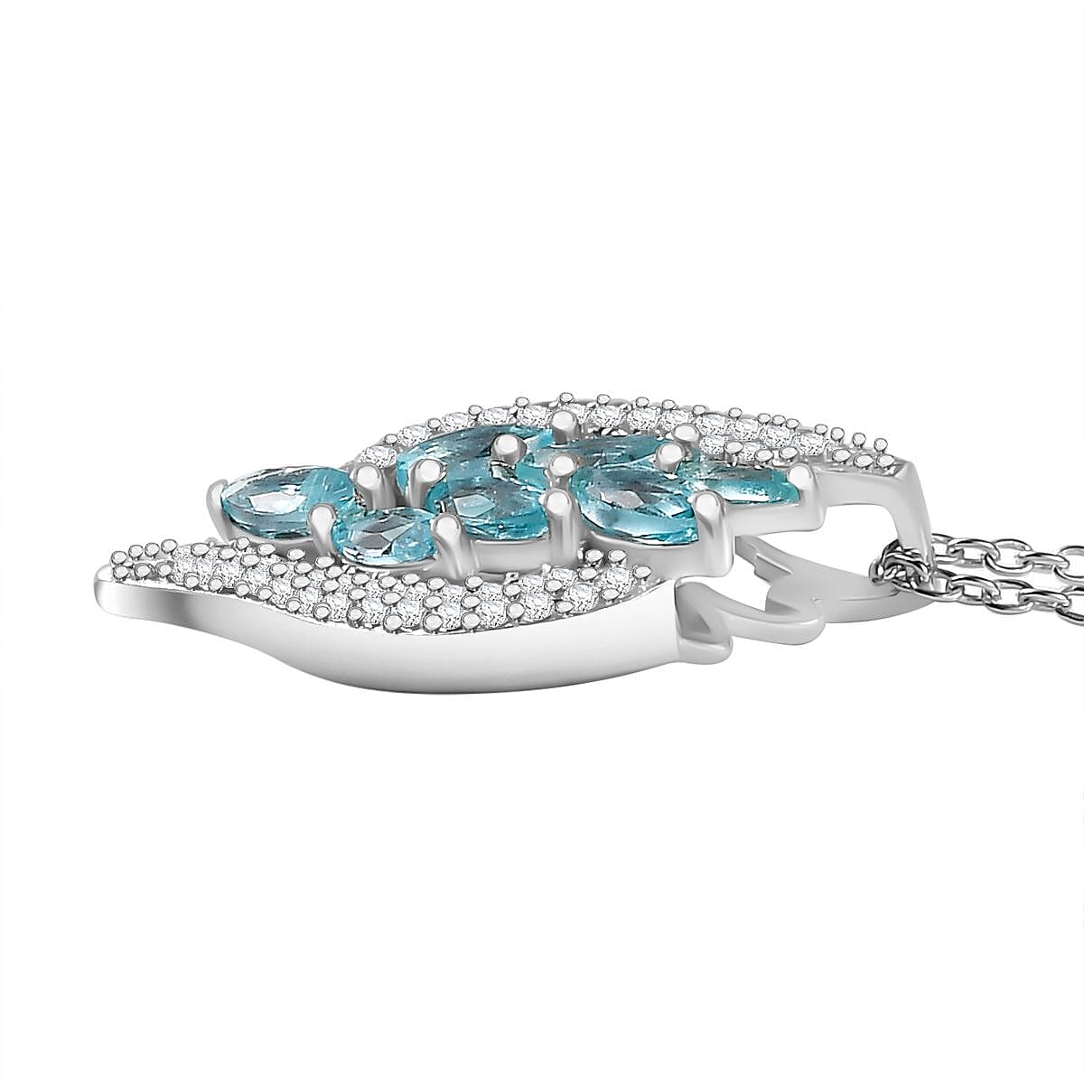 Blue Lagoon Apatite,  White Zircon Pendant with Chain (Size 20) in rhodium Sterling Silver,  Silver Wt. 5.2 Gms  1.470  Ct.