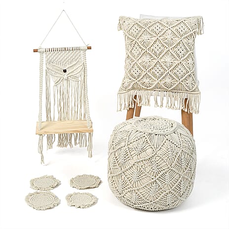 Set of 4 Hand Weaved Cotton Macrame Ottoman, Table Placemat, Wall Hanging Organiser & Placemats