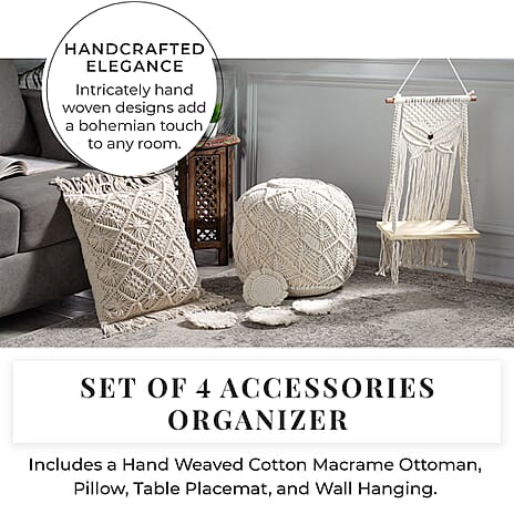 Set of 4 Hand Weaved Cotton Macrame Ottoman, Table Placemat, Wall Hanging Organiser & Placemats