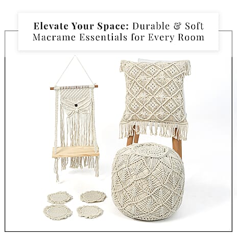 Set of 4 Hand Weaved Cotton Macrame Ottoman, Table Placemat, Wall Hanging Organiser & Placemats