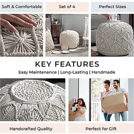 Set of 4 Hand Weaved Cotton Macrame Ottoman, Table Placemat, Wall Hanging Organiser & Placemats