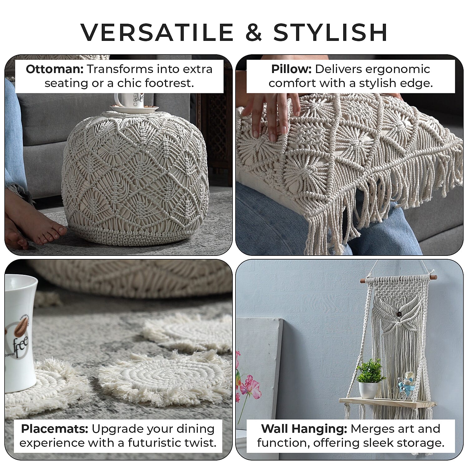 Set of 4 Hand Weaved Cotton Macrame Ottoman, Table Placemat, Wall Hanging Organiser & Placemats Set of 4 Hand Weaved Cotton Macrame Ottoman, Table Placemat, Wall Hanging Organiser & Placemats