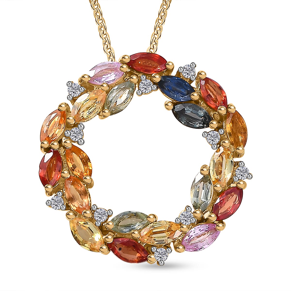 Rainbow Sapphire & Natural Zircon Pendant with Chain (Size 20) in 18K Vermeil Yellow Gold Plated Sterling Silver 1.90 Ct,