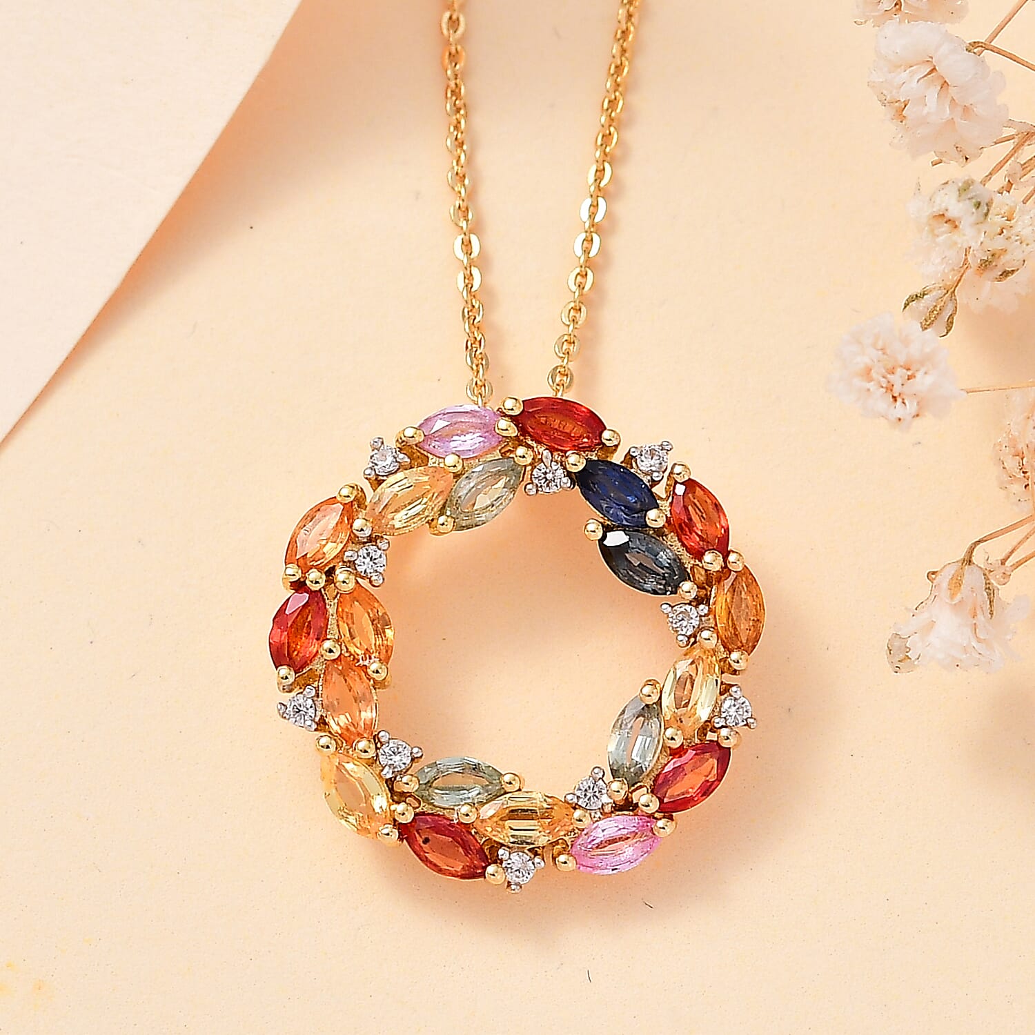 Rainbow Sapphire & Natural Zircon Pendant with Chain (Size 20) in 18K Vermeil Yellow Gold Plated Sterling Silver 1.90 Ct,