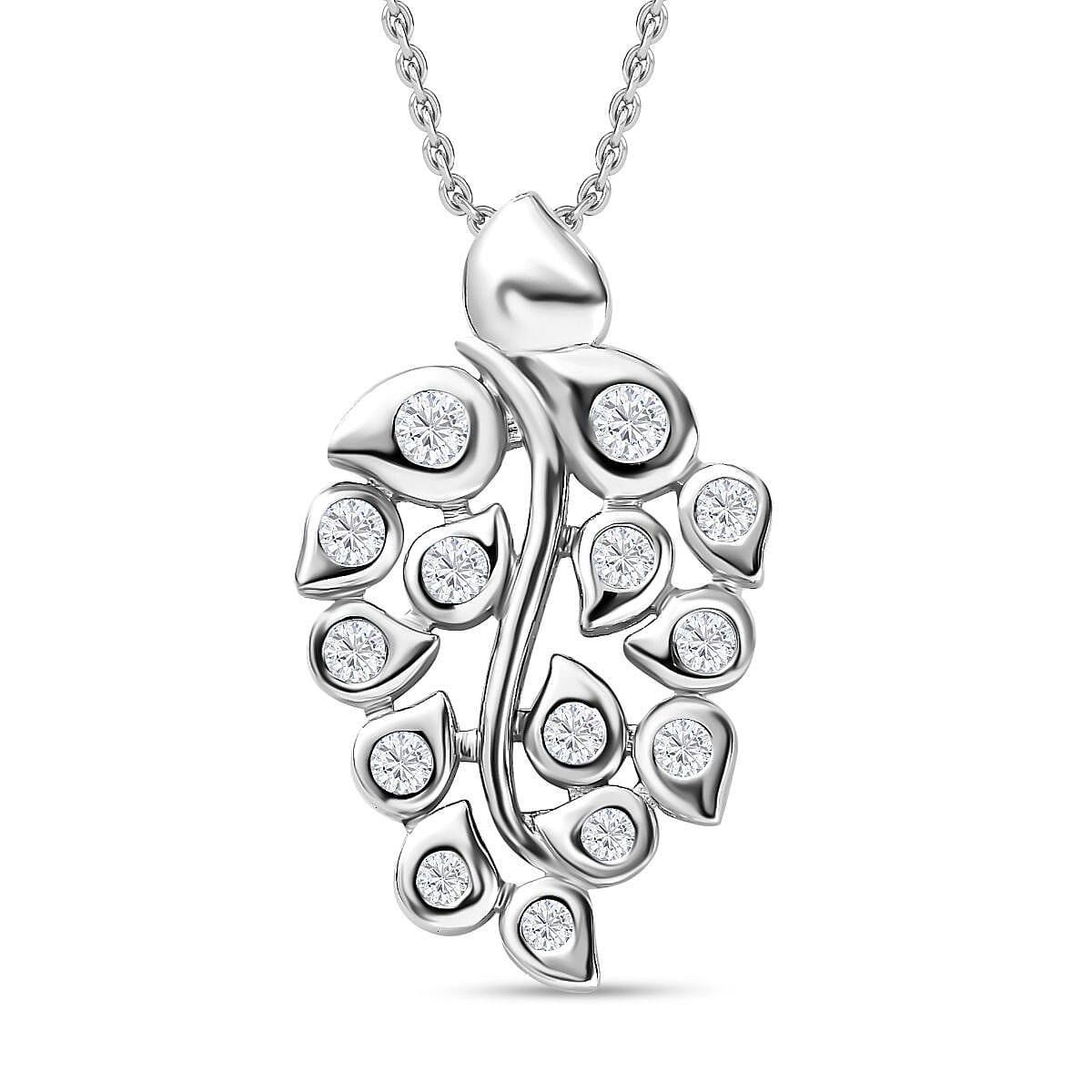 Moissanite Leaf Pendant with Chain (Size 20) in Rhodium Overlay Sterling Silver, Silver Wt. 6.9 Gms