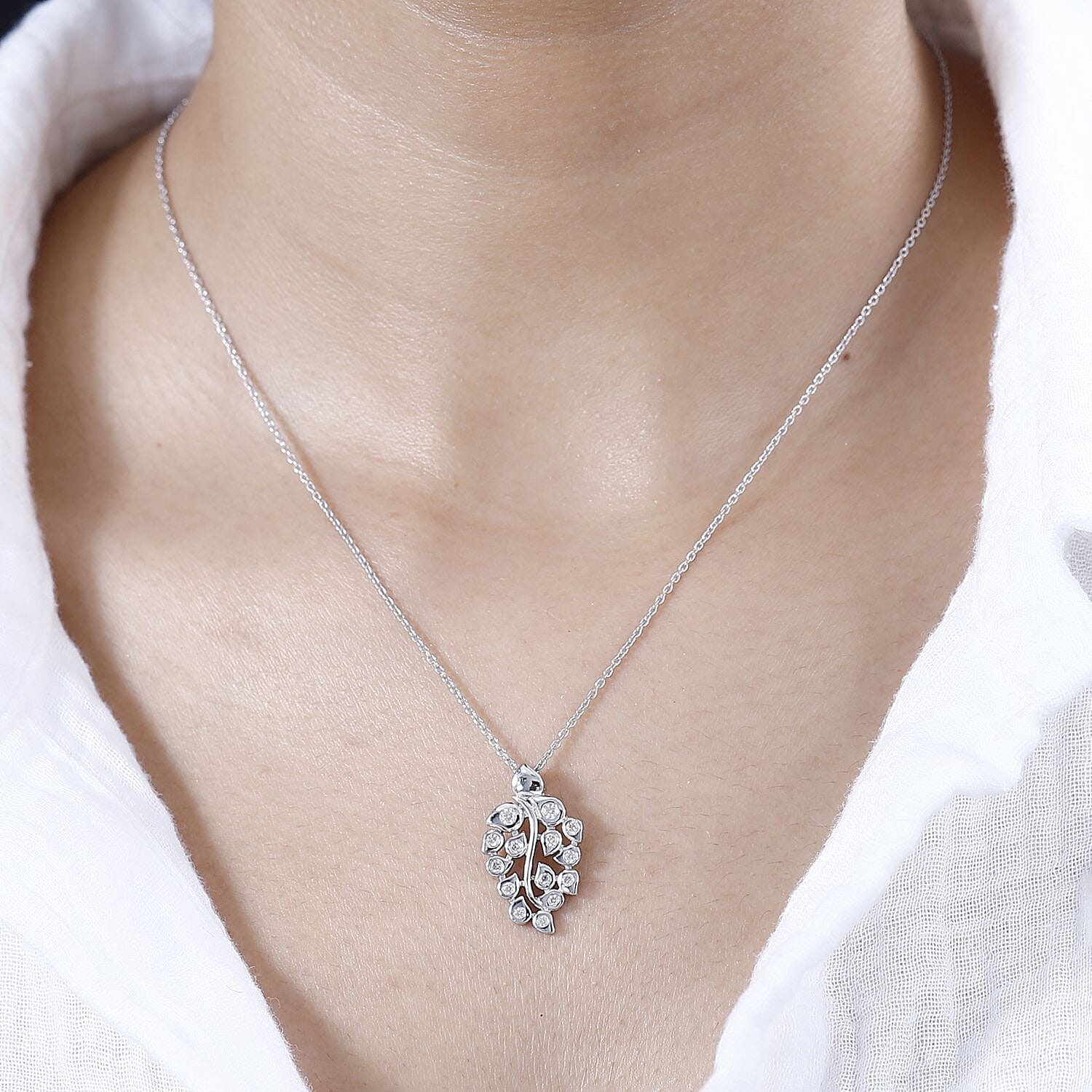 Moissanite Leaf Pendant with Chain (Size 20) in Rhodium Overlay Sterling Silver, Silver Wt. 6.9 Gms