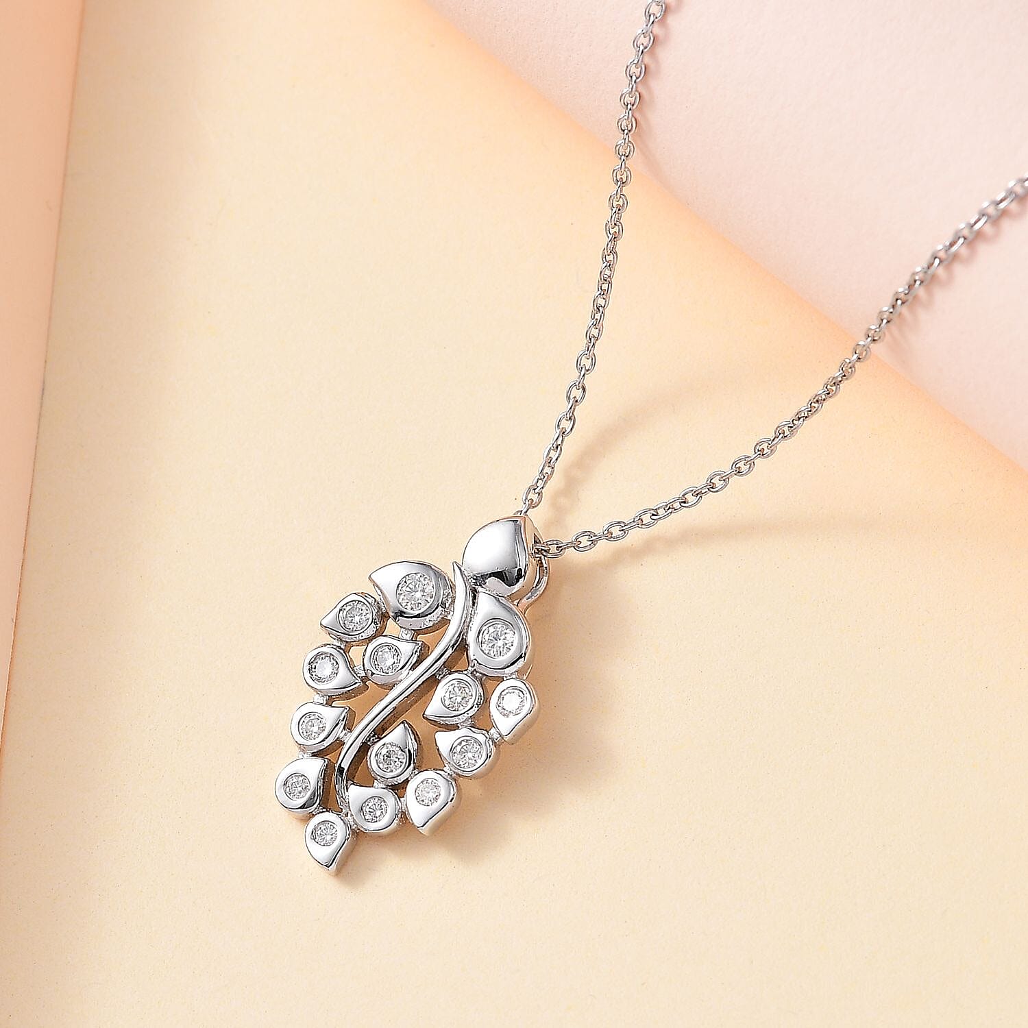 Moissanite Leaf Pendant with Chain (Size 20) in Rhodium Overlay Sterling Silver, Silver Wt. 6.9 Gms