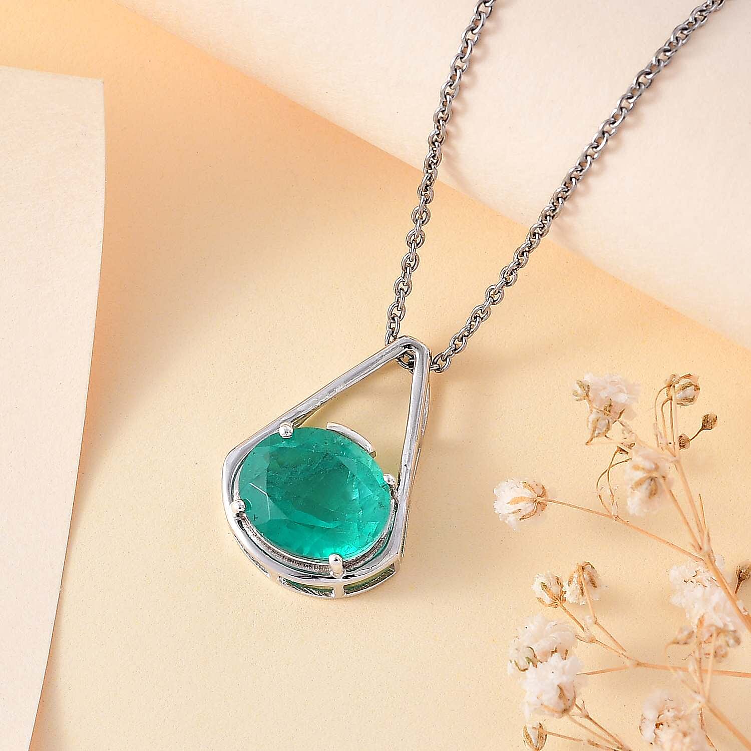 Emeraldine Quartz Pendant with Chain (Size 20) in Platinum Overlay Sterling Silver  5.500  Ct.