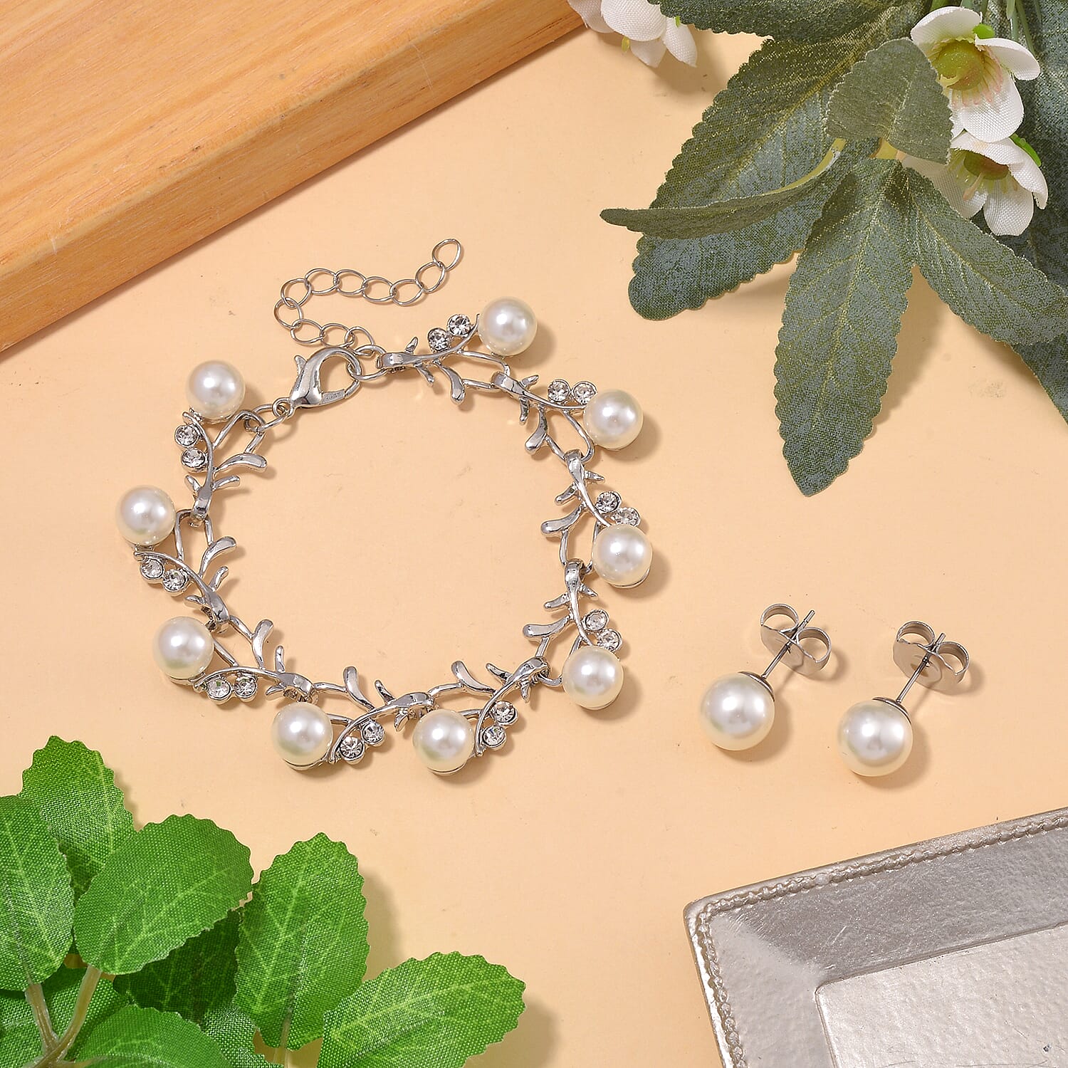 2 Piece Set - Pearl Bracelet (Size - 6.5-1.5 Ext) and Earrings with Push Back