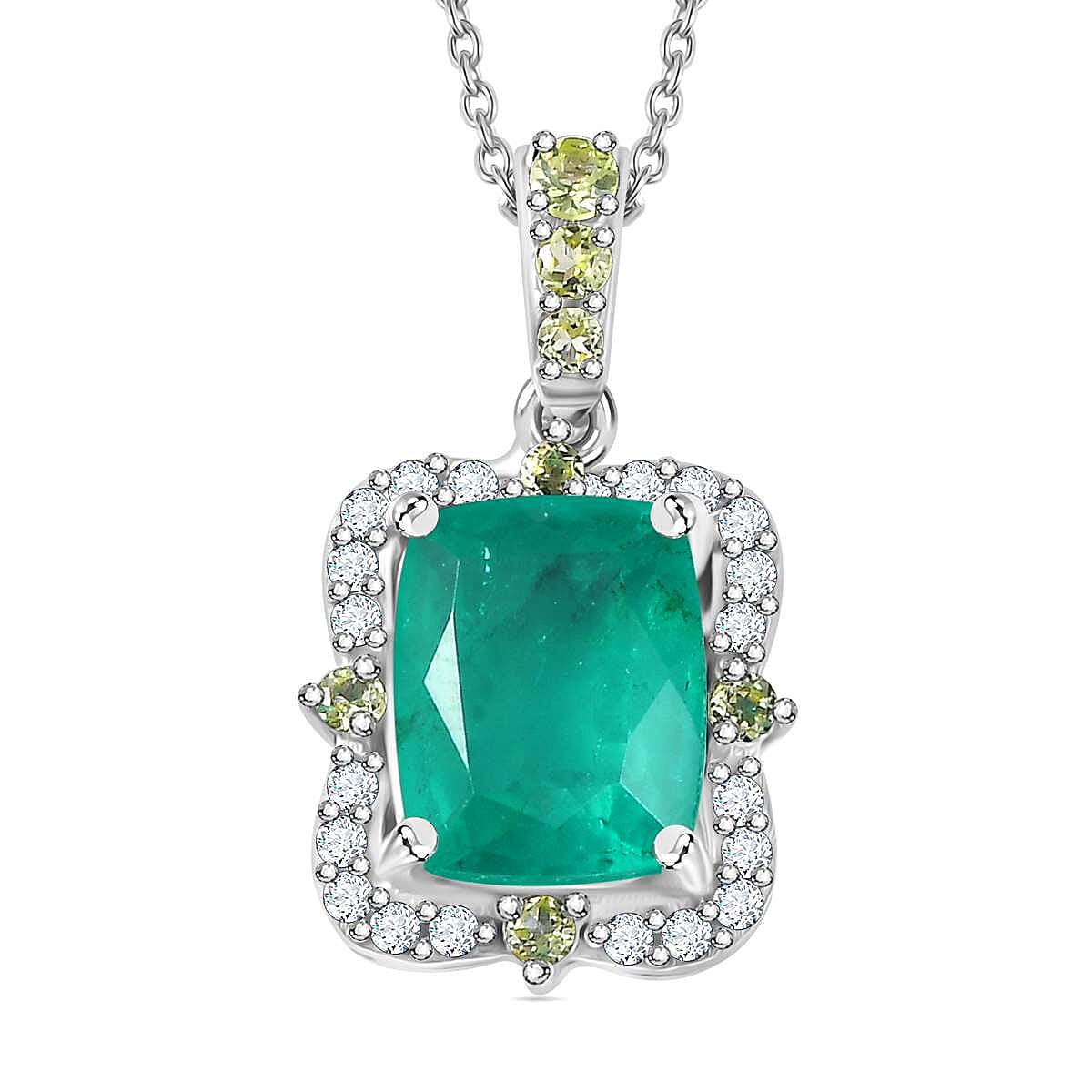 Emeraldine Quartz, Hebei Peridot & Natural Zircon Halo Pendant with Chain (Size 20) in Rhodium Sterling Silver 4.00 Ct, Silver Wt. 5.50 Gms