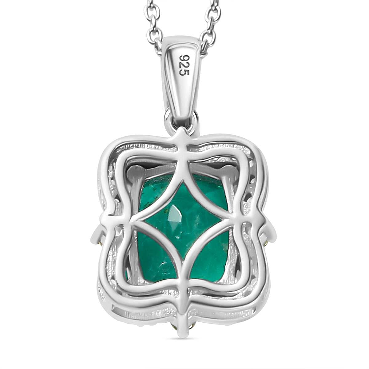 Emeraldine Quartz, Hebei Peridot & Natural Zircon Halo Pendant with Chain (Size 20) in Rhodium Sterling Silver 4.00 Ct, Silver Wt. 5.50 Gms