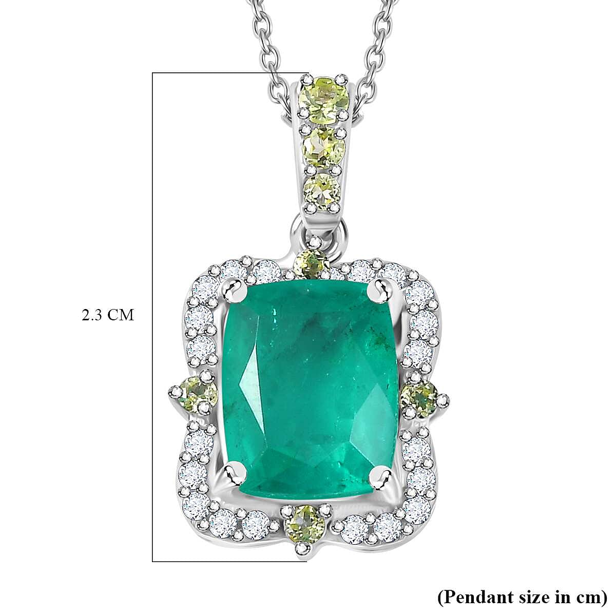 Emeraldine Quartz, Hebei Peridot & Natural Zircon Halo Pendant with Chain (Size 20) in Rhodium Sterling Silver 4.00 Ct, Silver Wt. 5.50 Gms