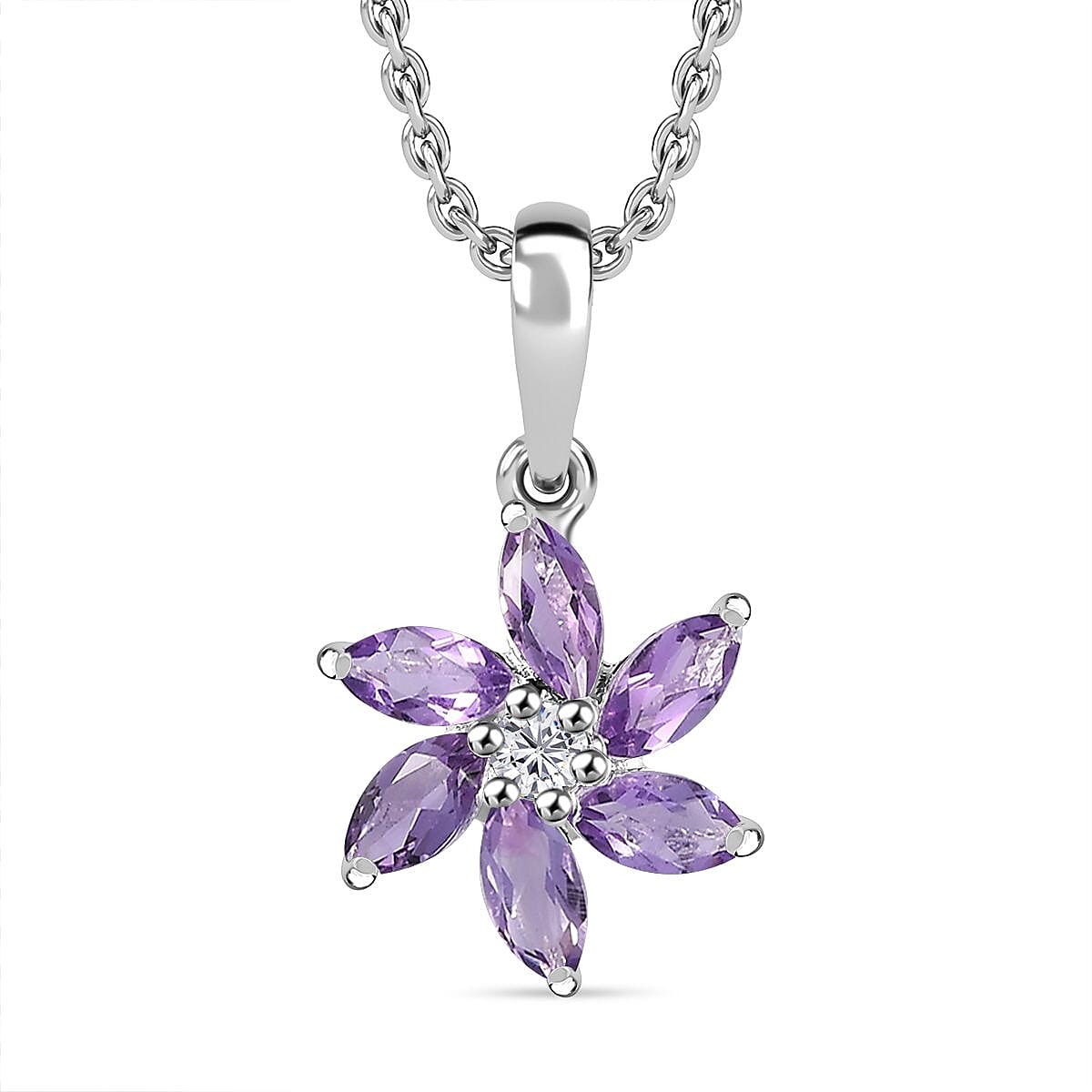 Bolivian Amethyst, White Zircon Pendant with Chain (Size 20) Mix Metal 0.06 ct 1.140 Ct.