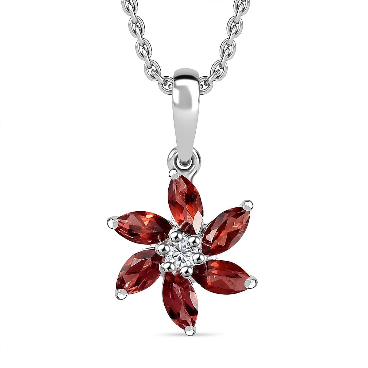 Red Garnet, White Zircon Sterling Silver Pendant with Chain (Size 20) 1.140  Ct.