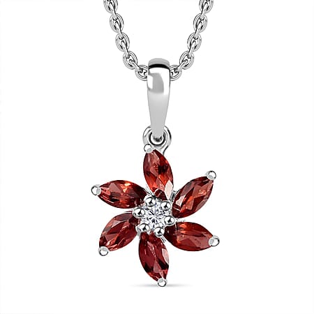 Red Garnet, White Zircon Sterling Silver Pendant with Chain (Size 20) 1.140  Ct.