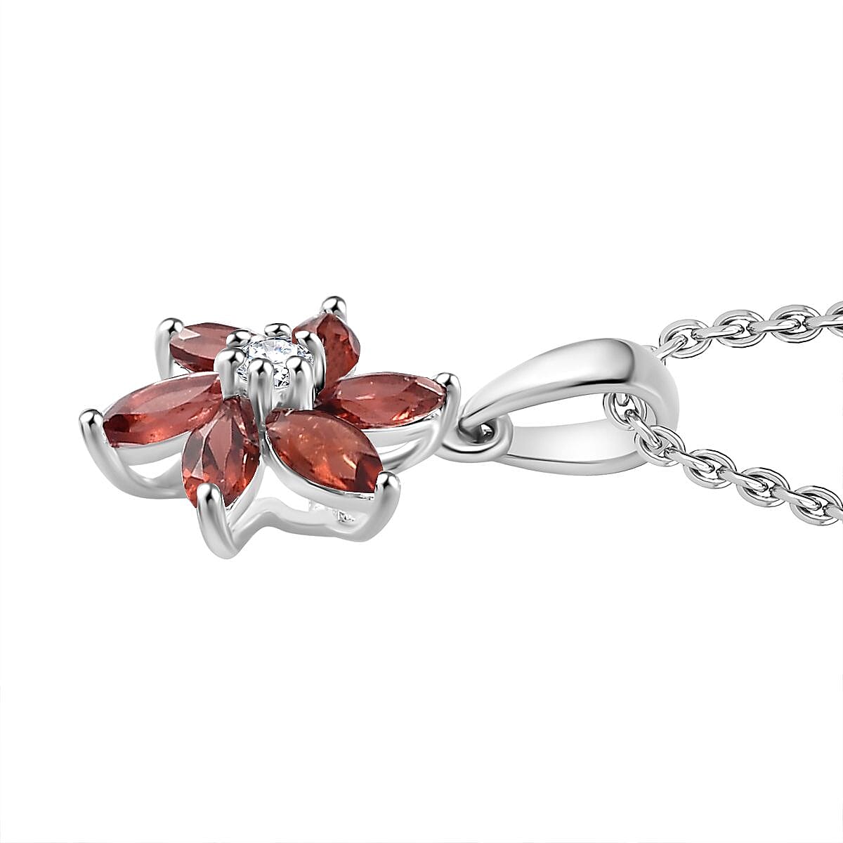 Red Garnet, White Zircon Sterling Silver Pendant with Chain (Size 20) 1.140  Ct.