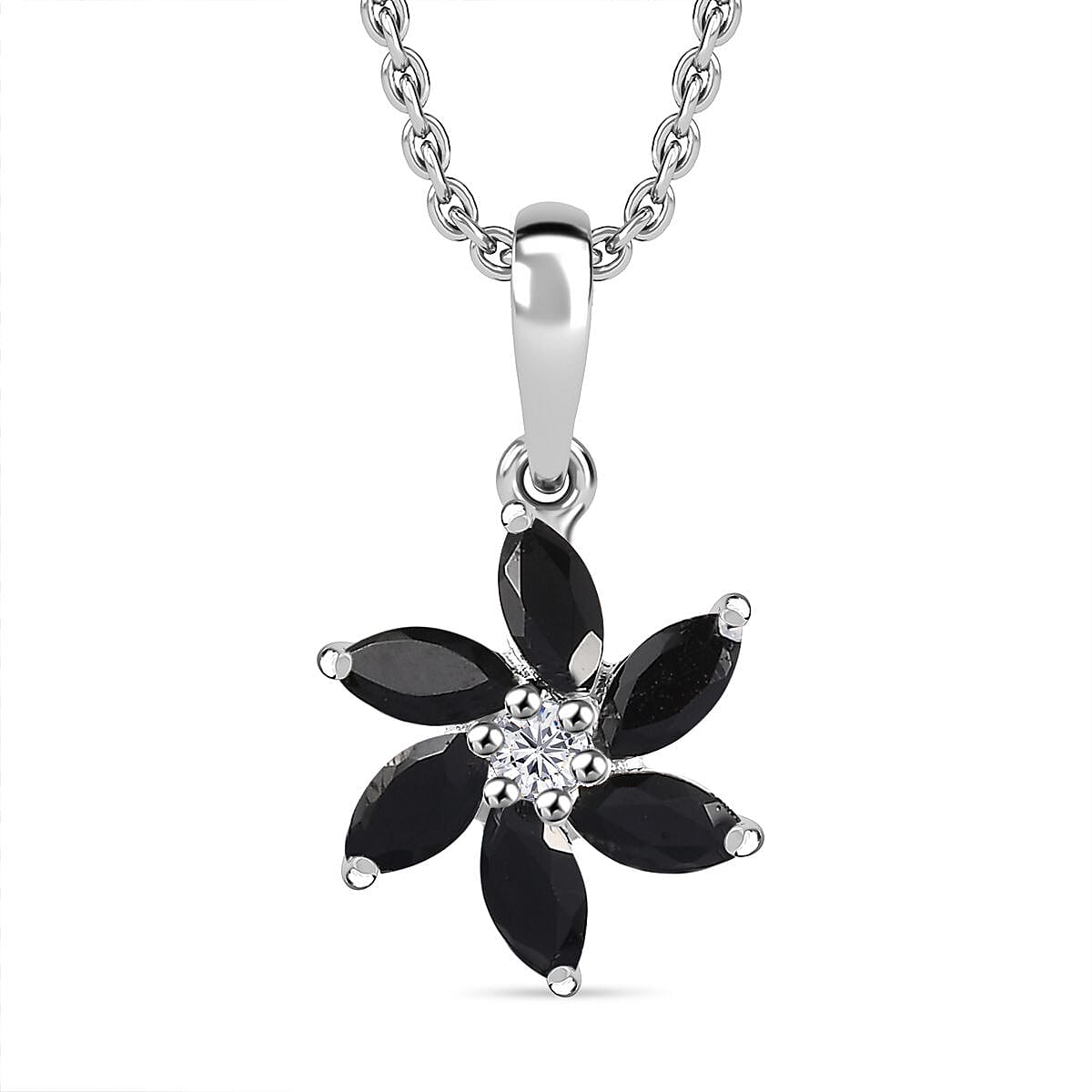 Black Spinel, White Zircon Sterling SIlver Pendant with Chain (Size 20) 1.140  Ct.