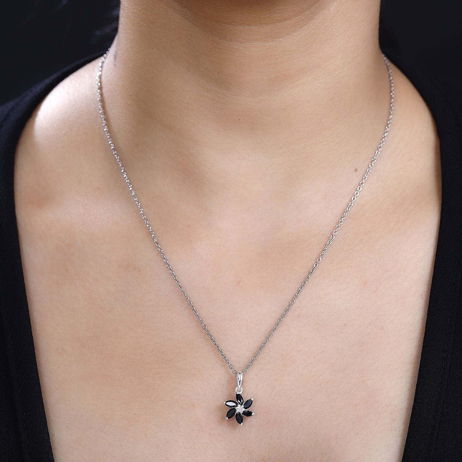 Black Spinel, White Zircon Sterling SIlver Pendant with Chain (Size 20) 1.140  Ct.