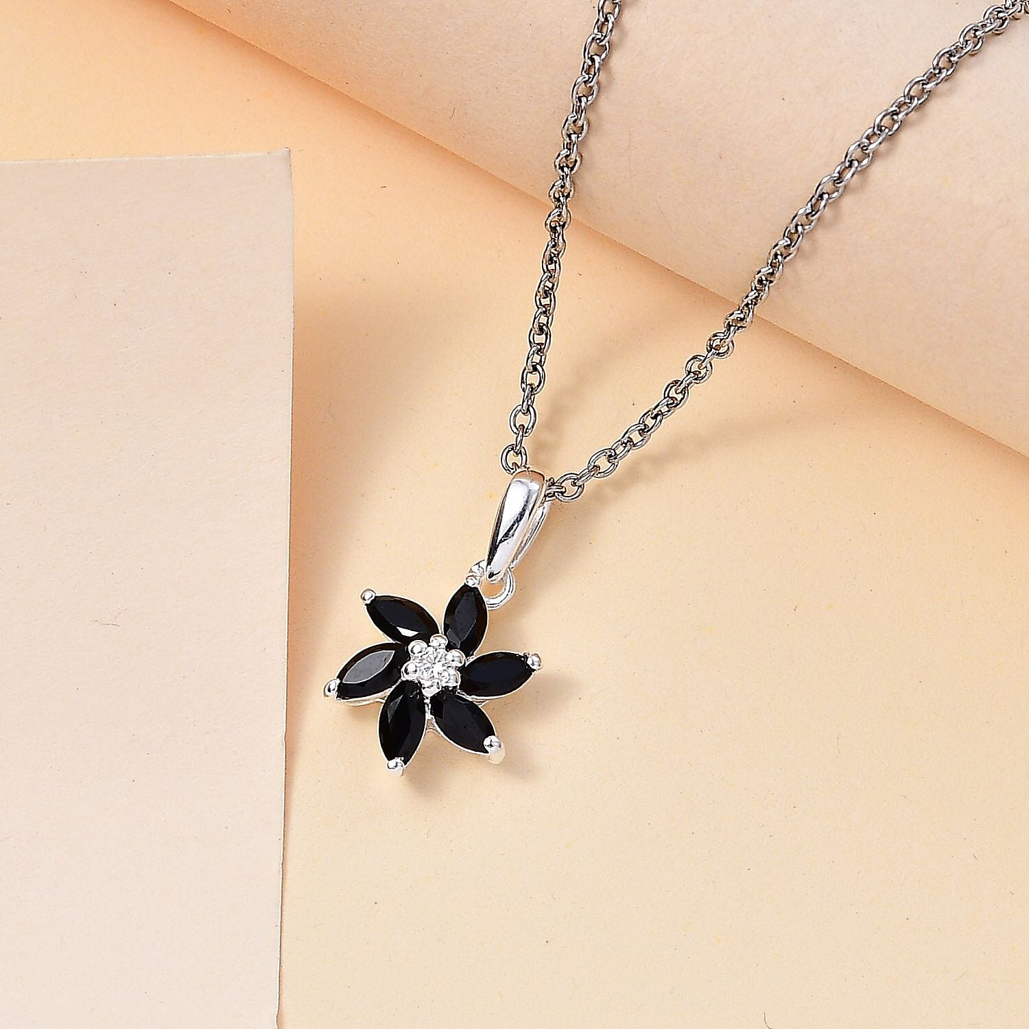Black Spinel, White Zircon Sterling SIlver Pendant with Chain (Size 20) 1.140  Ct.
