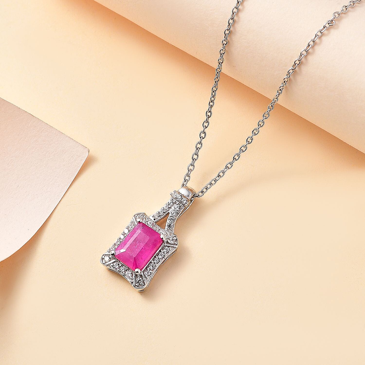 Pink Sapphire & White Zircon Pendant with Chain (Size - 20) in Rhodium Overlay Sterling Silver 2.55 Ct.