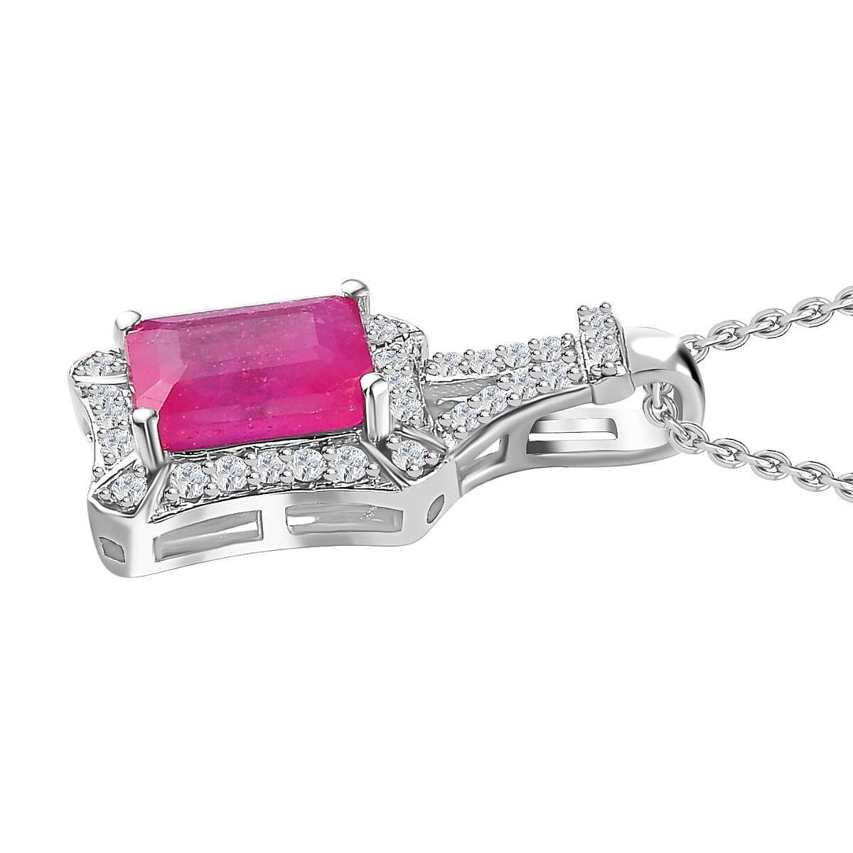 Pink Sapphire & White Zircon Pendant with Chain (Size - 20) in Rhodium Overlay Sterling Silver 2.55 Ct.