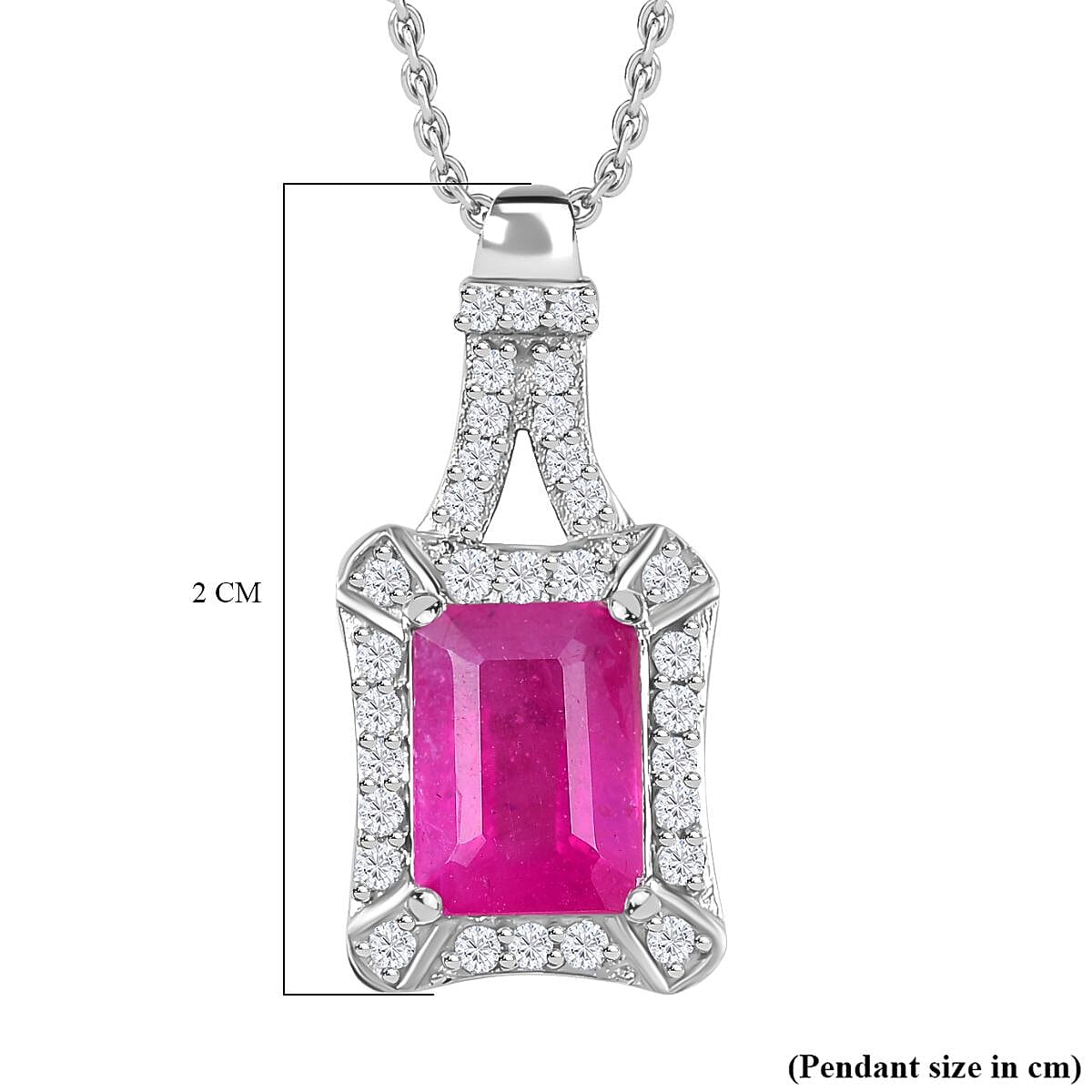 Pink Sapphire & White Zircon Pendant with Chain (Size - 20) in Rhodium Overlay Sterling Silver 2.55 Ct.