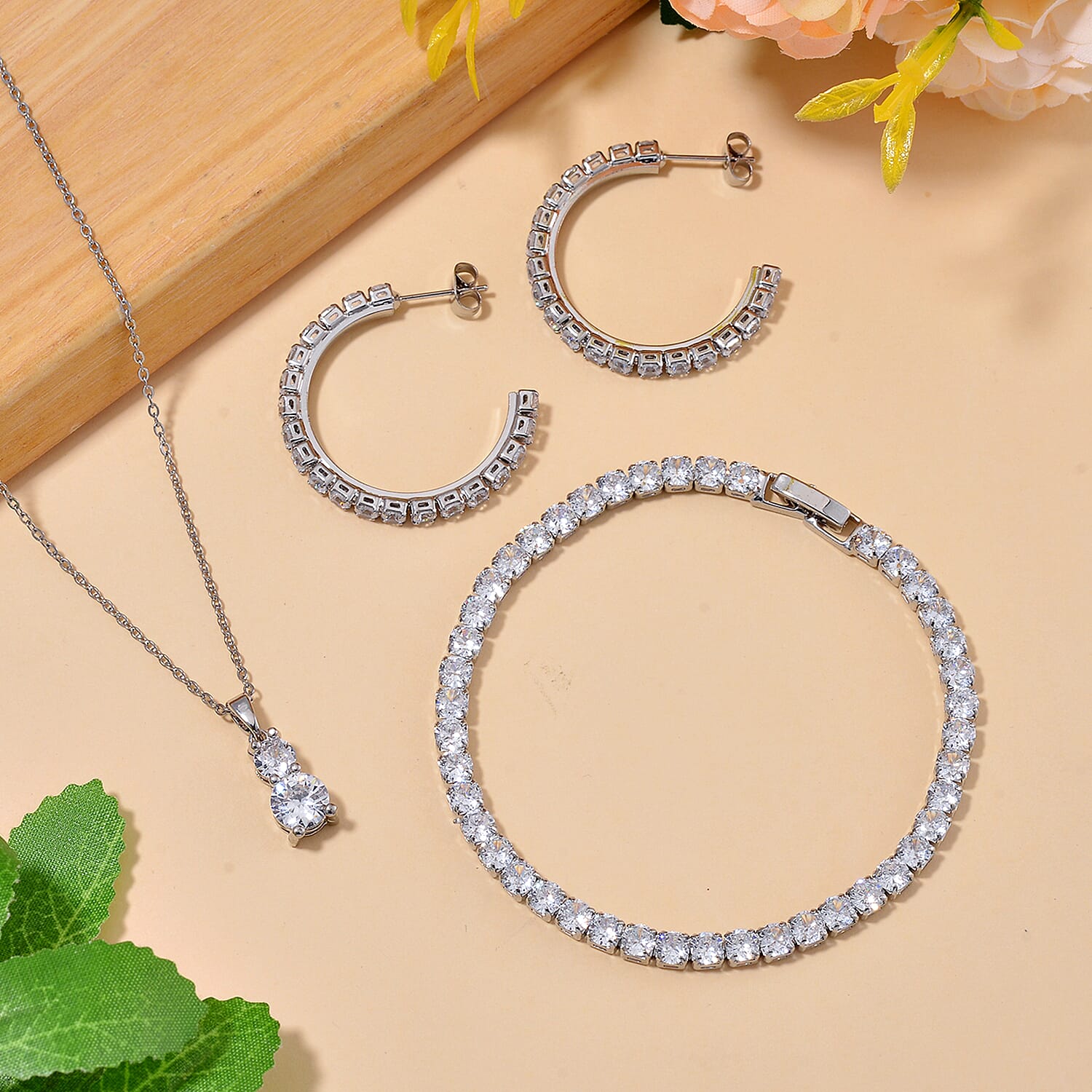 3 Piece Set - Bracelet, Hoop Earrings and Pendant with Chain