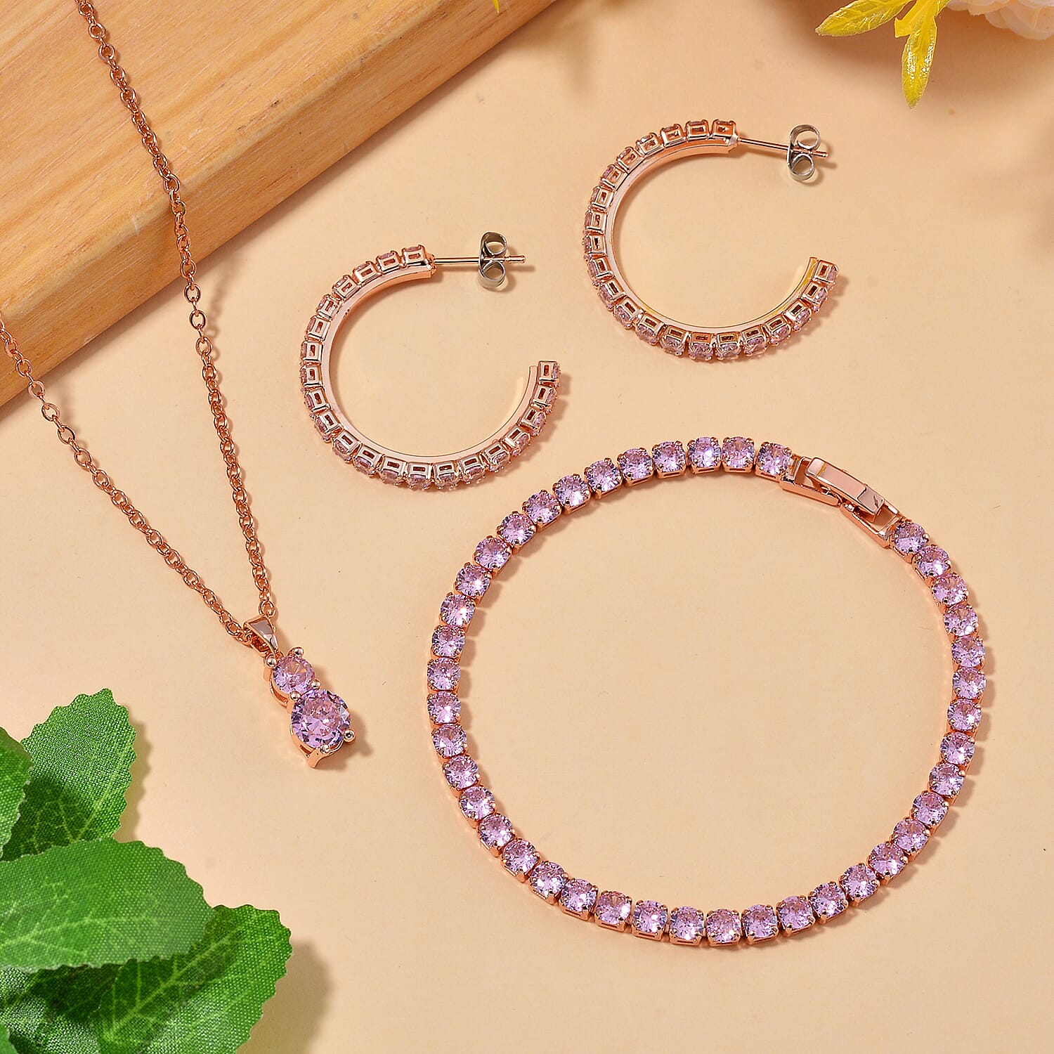 3 Piece Set -  Pink Cubic Zirconia Bracelet,Earring,Pendant with Chain (Size 20)