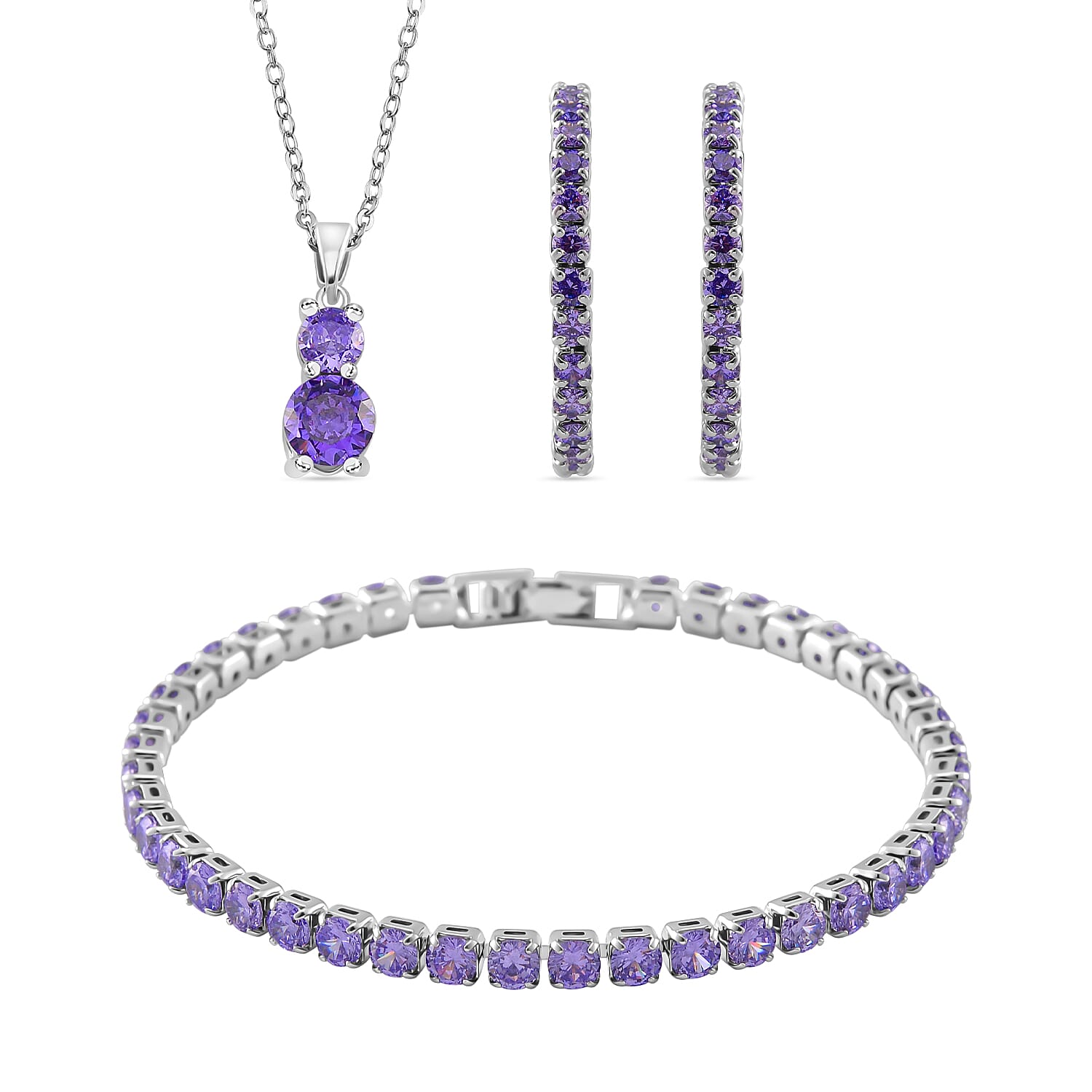 3 Piece Set -  Purple Cubic Zirconia Bracelet,Earring,Pendant with Chain (Size 20)
