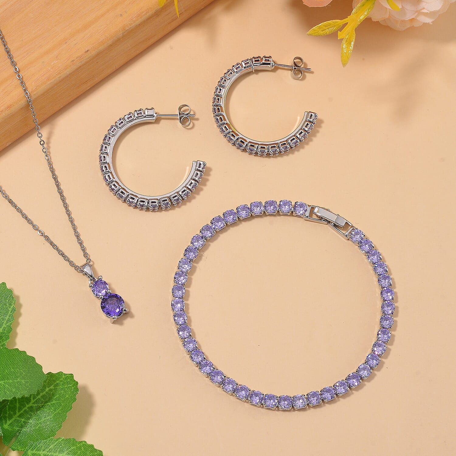 3 Piece Set -  Purple Cubic Zirconia Bracelet,Earring,Pendant with Chain (Size 20)