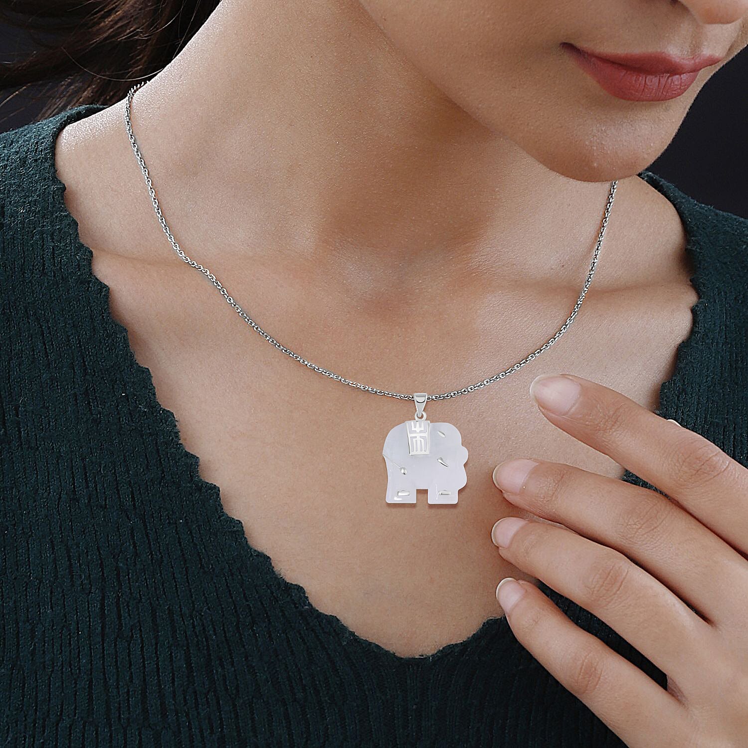 Natural Type A White Jadeite Carved Elephant Pendant with Chain (Size 20) in Platinum Overlay Sterling Silver  26.000  Ct.