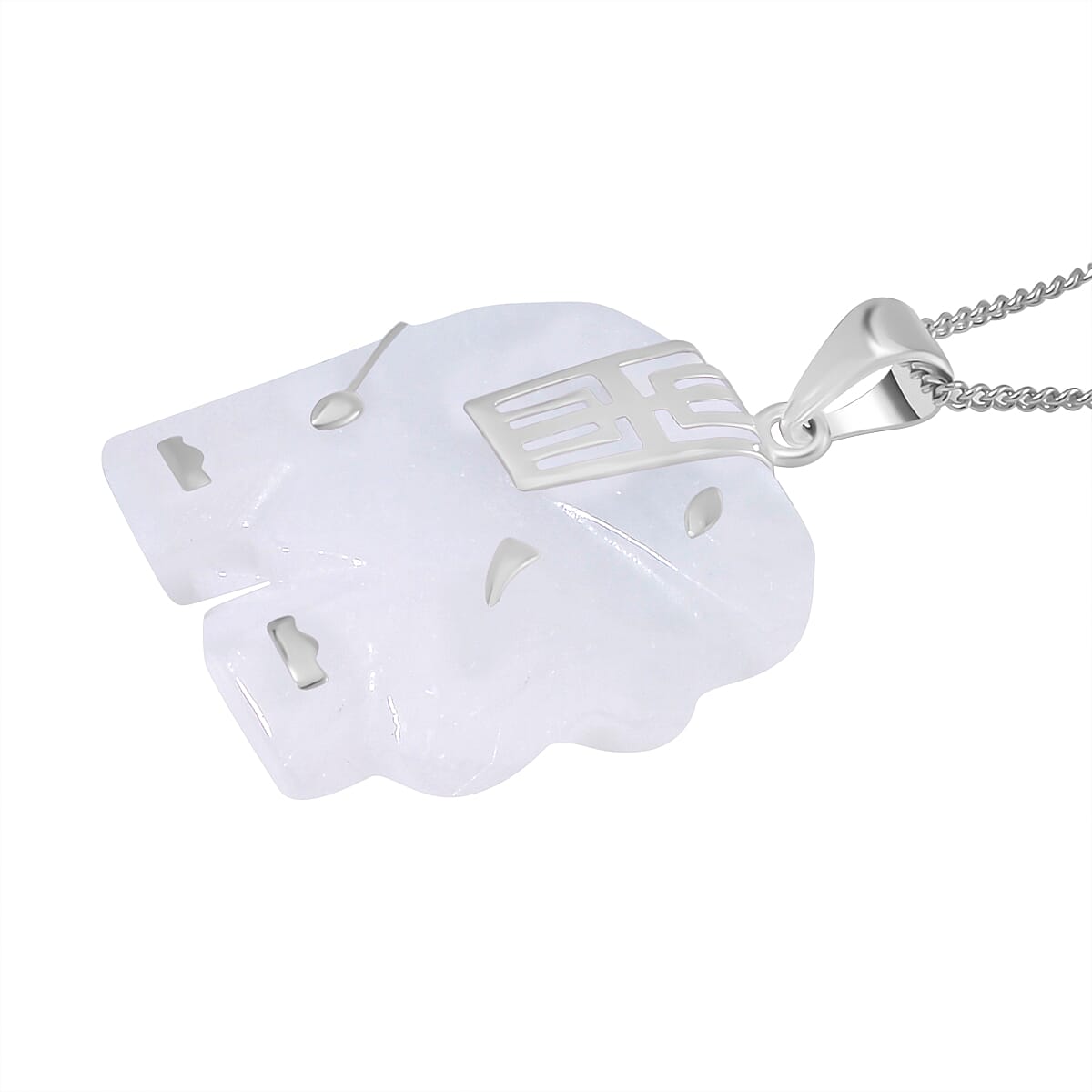 Natural Type A White Jadeite Carved Elephant Pendant with Chain (Size 20) in Platinum Overlay Sterling Silver  26.000  Ct.