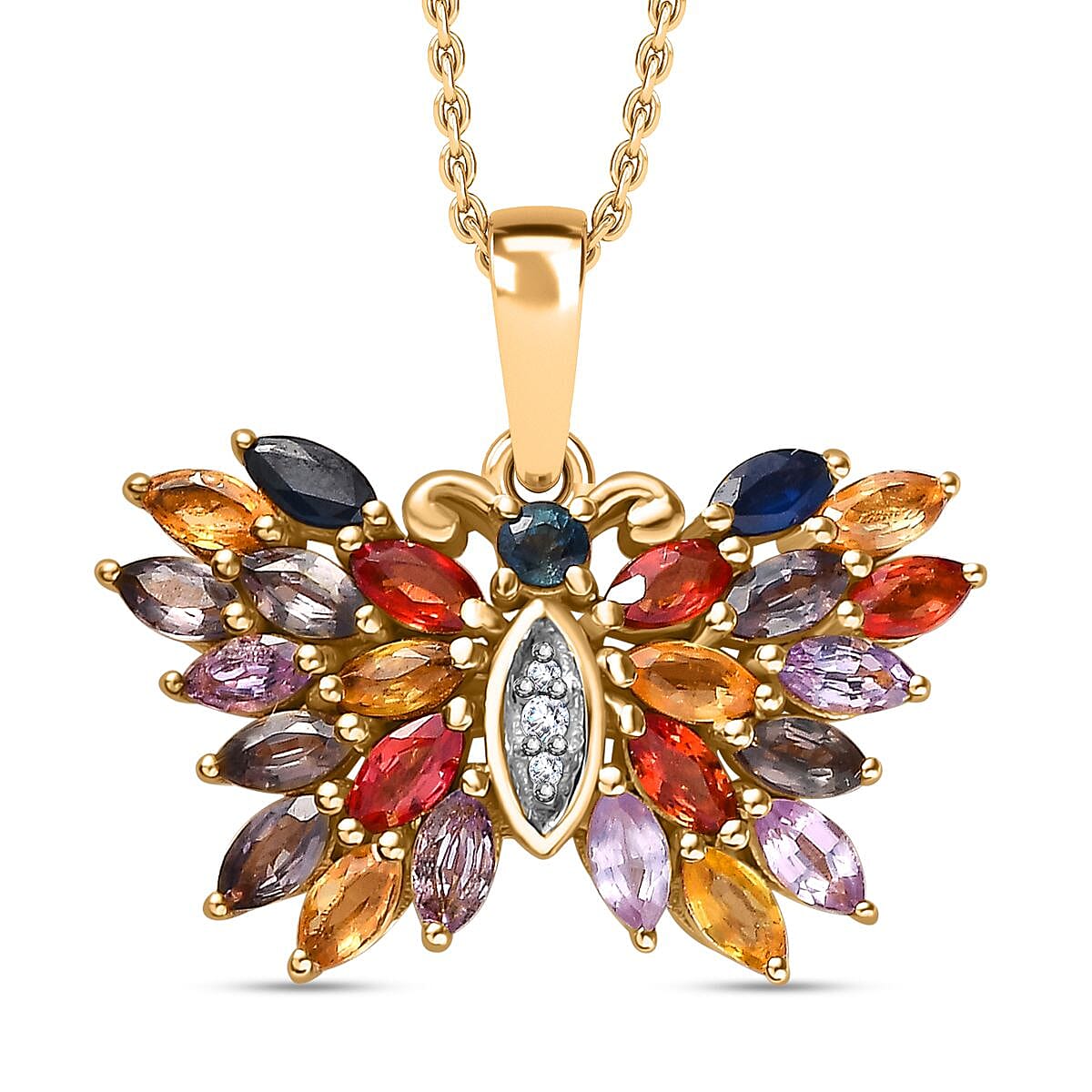 Rainbow Sapphire, Montana Sapphire & Natural Zircon Pendant with Chain (Size 20) in 18K YG Vermeil Sterling Silver 2.25 Ct,