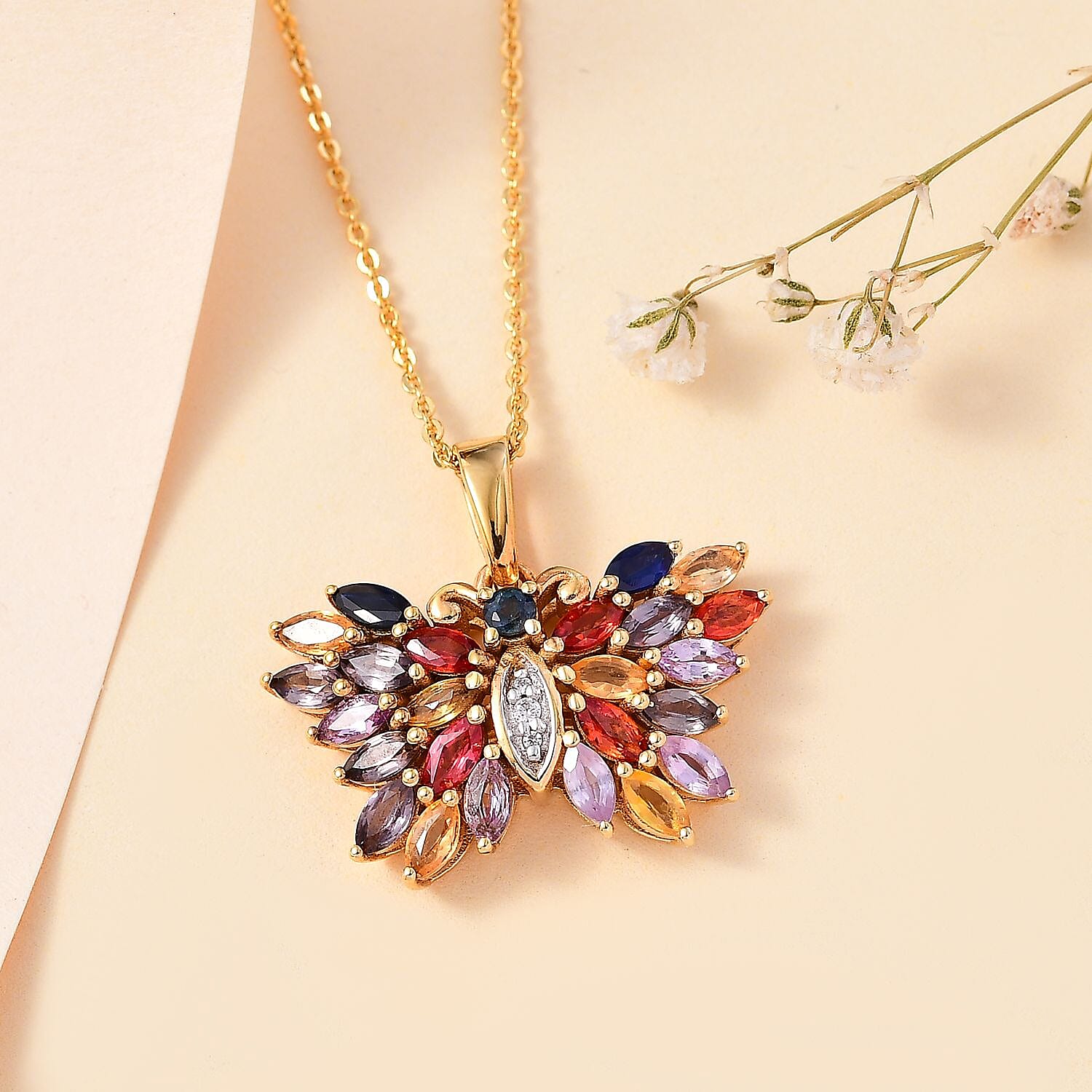 Rainbow Sapphire, Montana Sapphire & Natural Zircon Pendant with Chain (Size 20) in 18K YG Vermeil Sterling Silver 2.25 Ct,