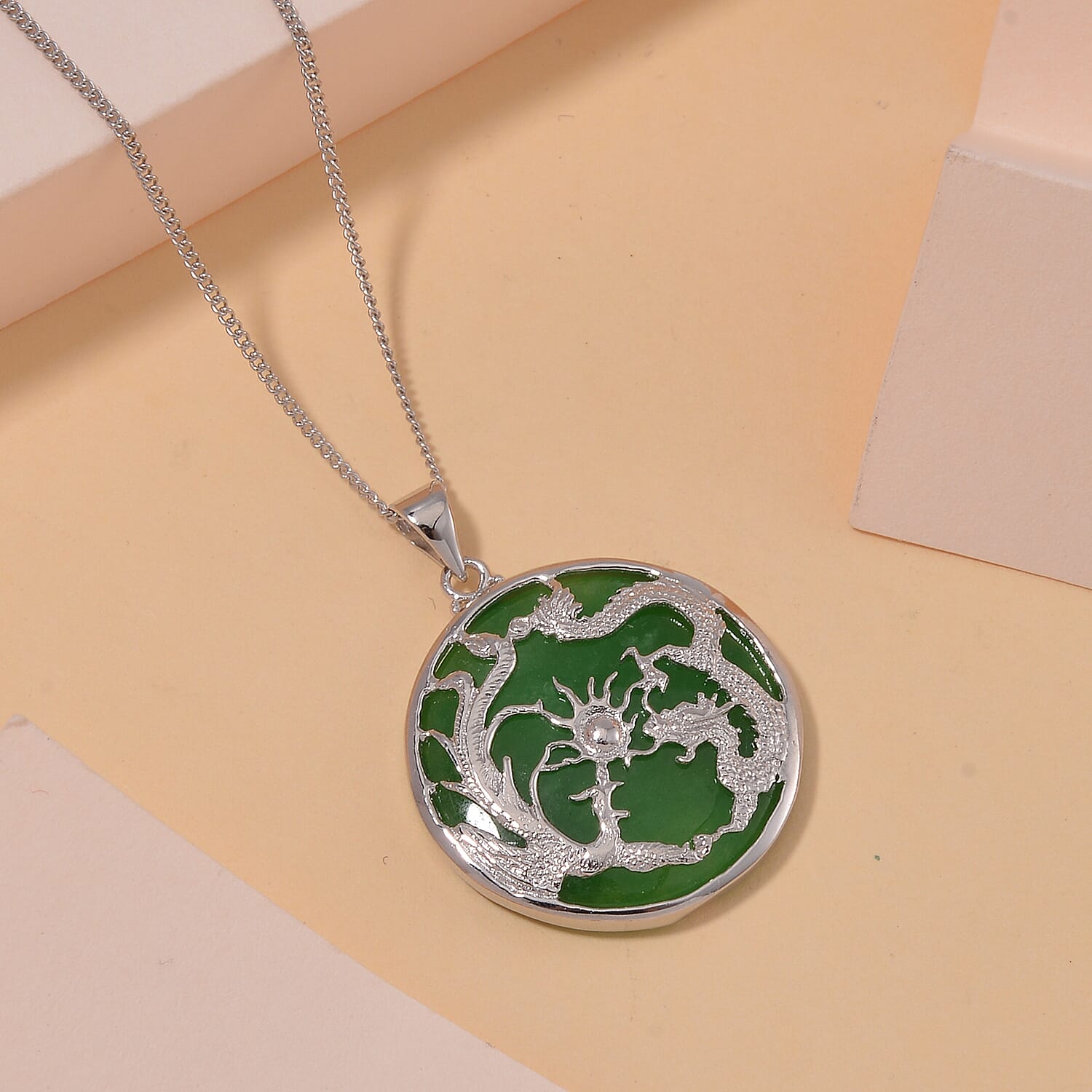 Green Jade Pendant with Chain (Size 20) in Platinum and Rhodium Overlay Sterling Silver Wt. 5.2 Gms 19.000 Ct.