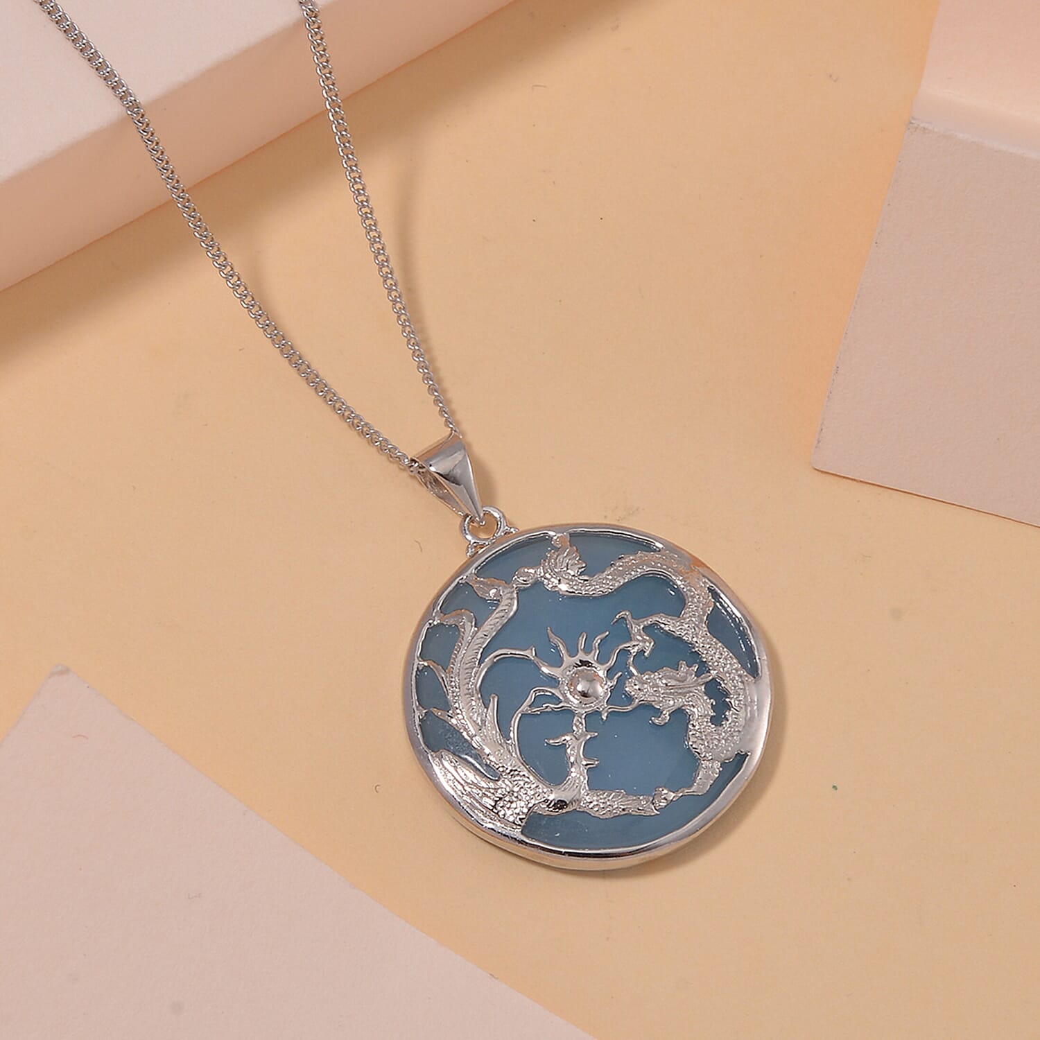 Blue Jade Pendant with Chain (Size 20) in Platinum Overlay and rhodium Sterling Silver  Wt. 5.2 Gms  19.000  Ct.