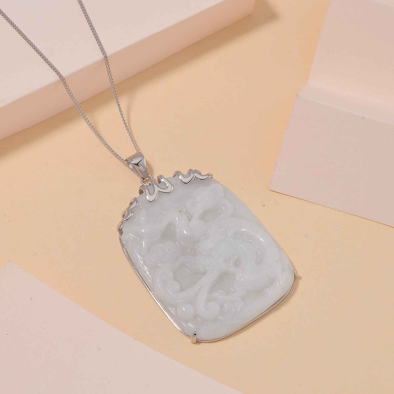 Extremely Rare Find - Carved Natural White Jadeite Jade Pendant with Chain (Size 20) in Platinum OverlaySterling Silver 80.00 Ct.