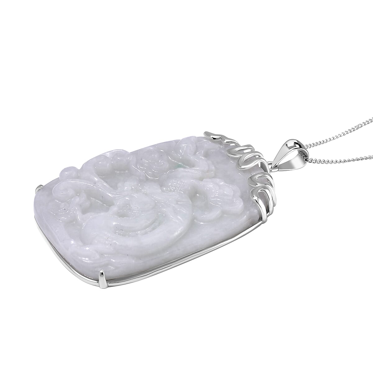 Extremely Rare Find - Carved Natural White Jadeite Jade Pendant with Chain (Size 20) in Platinum OverlaySterling Silver 80.00 Ct.