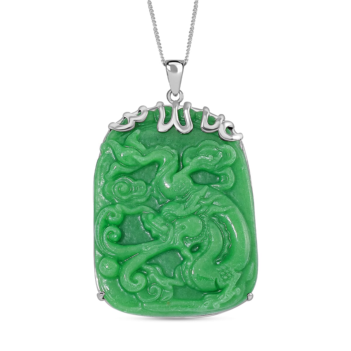 Extremely Rare Find- Carved Green Jade Pendant with Chain (Size 20) in Platinum Overlay Sterling Silver 80.00 Ct.