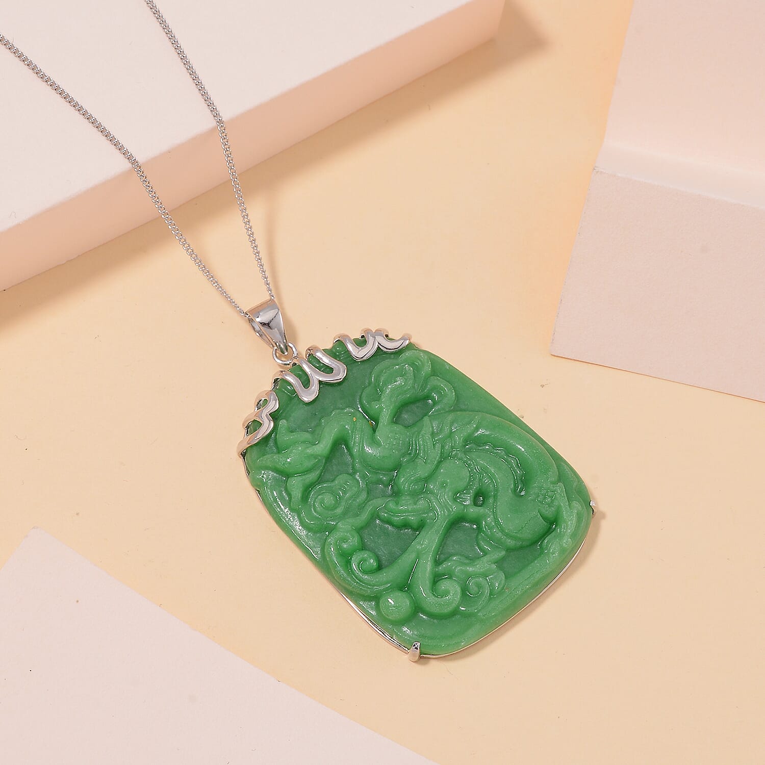 Extremely Rare Find- Carved Green Jade Pendant with Chain (Size 20) in Platinum Overlay Sterling Silver 80.00 Ct.