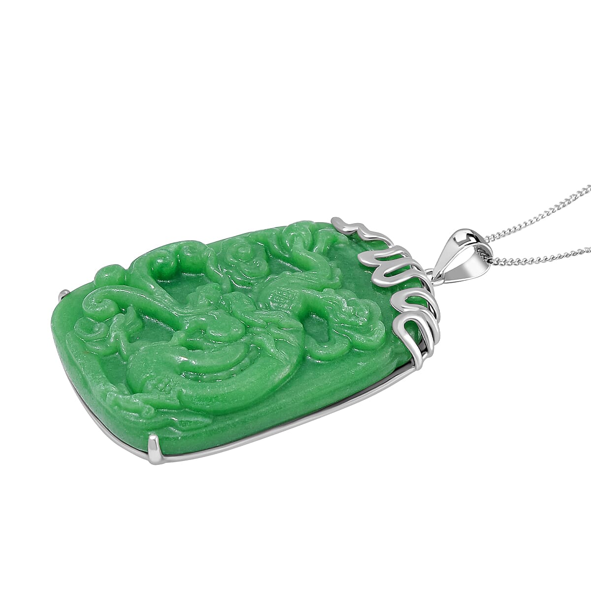 Extremely Rare Find- Carved Green Jade Pendant with Chain (Size 20) in Platinum Overlay Sterling Silver 80.00 Ct.